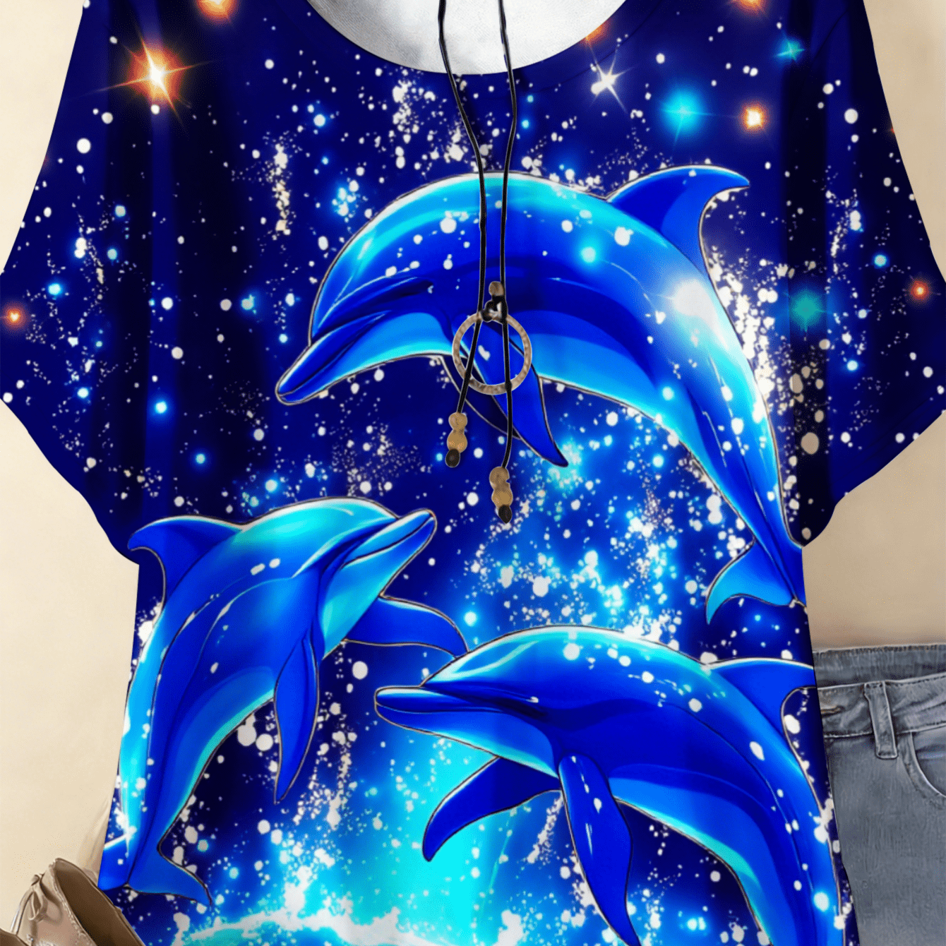 Image of Plus Size - 0-9xl Plus Size Blue On Starry Background Women's Summer T-shirt Suitable For Everyday Wear, Beach, Office, And Other Occasions. Outdoor Machine Washable