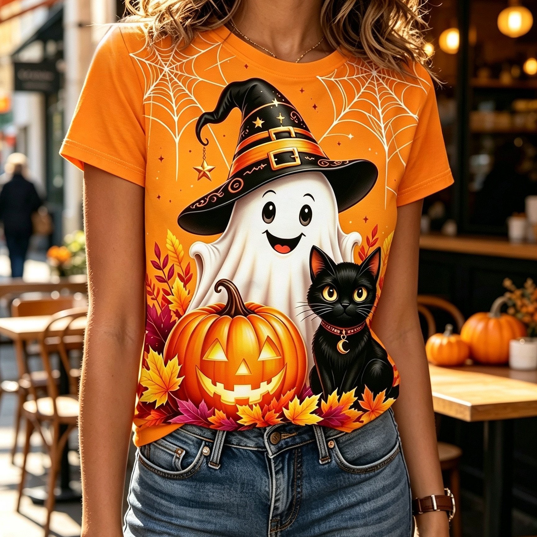 TEMU T-shirt à manches courtes pour femme - Imprimé chat, citrouille et toile d'araignée - Haut compatible | Tenues décontractées d'automne lavables