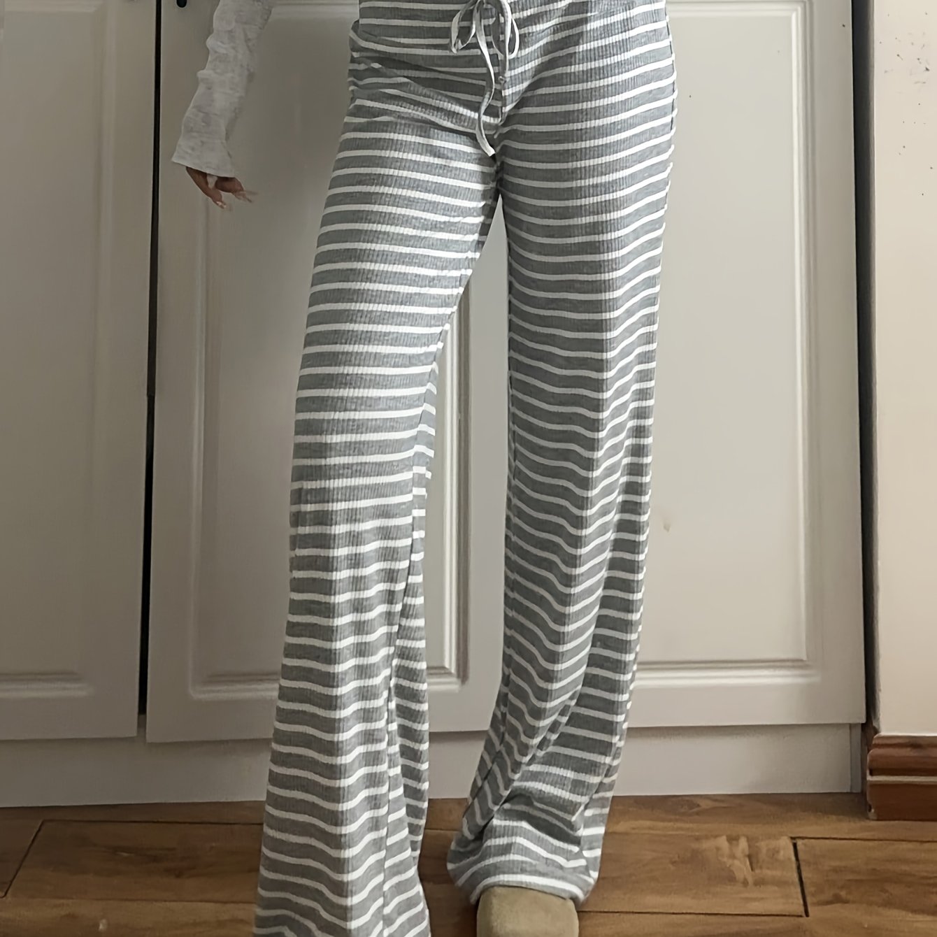 Women's Low Waist Striped Brushed Drawstring Loose Pants For Home Suitable For Going Out