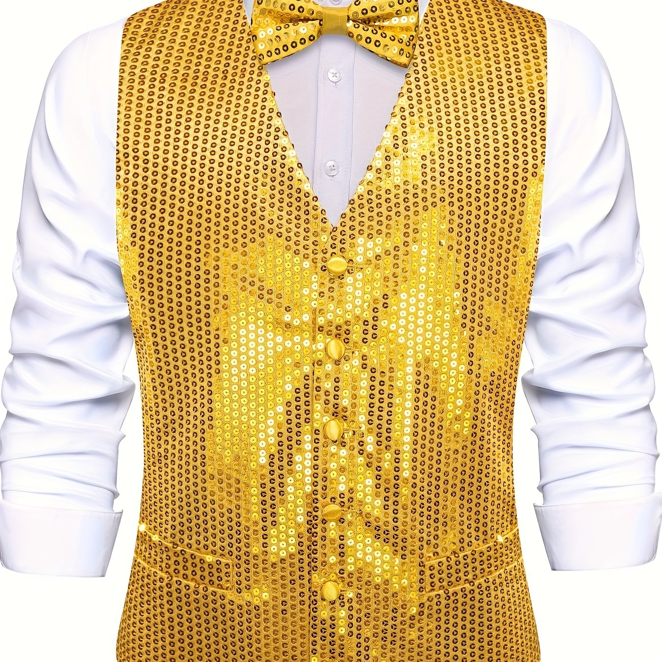 TEMU Fashion Men's Sequin Vest And Bow Tie Set For Wedding Party | Non-stretch, V-neck, Solid Color