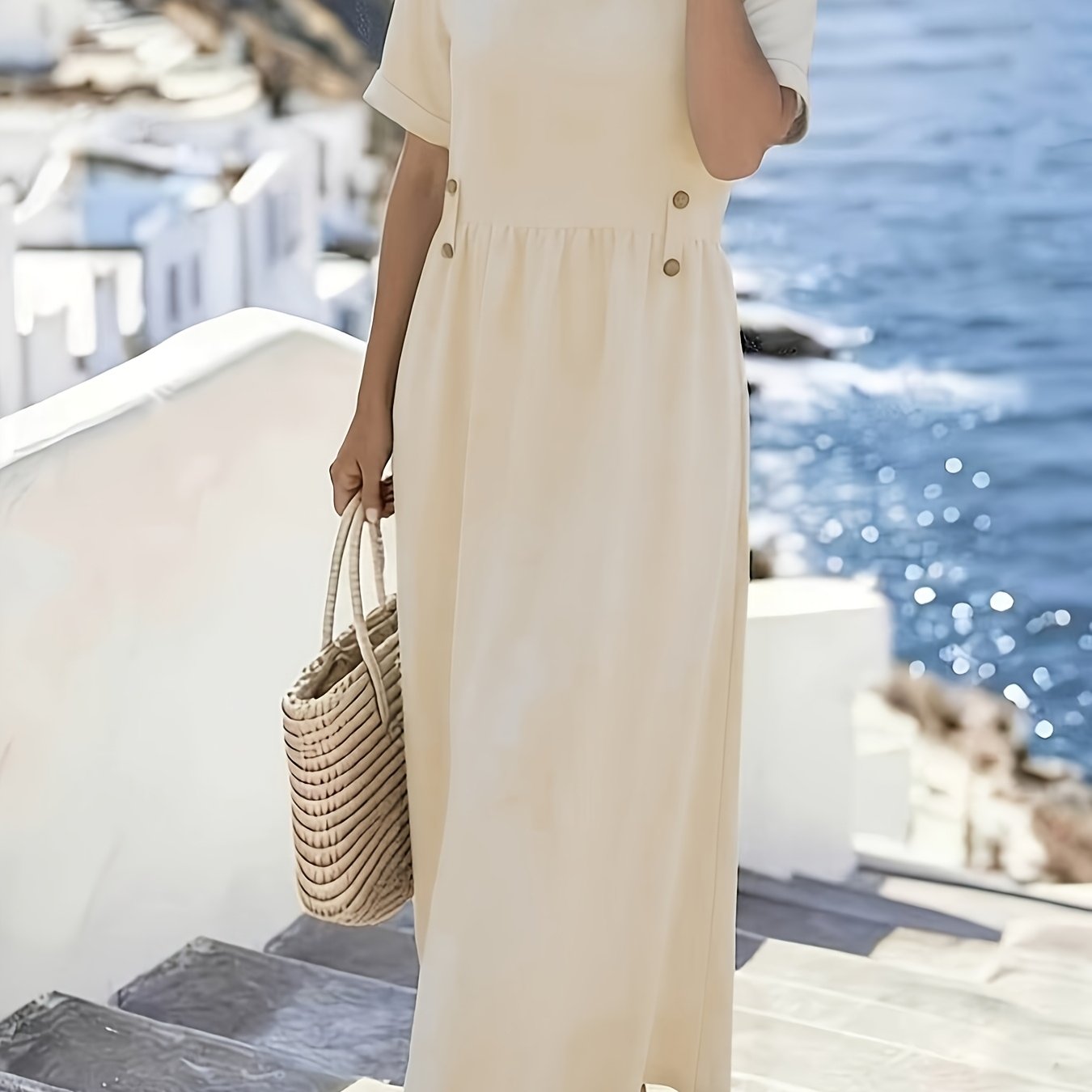 TEMU Spring Summer New Women's Elegant Round Neck Short Sleeve Dress With Mid-waist Button Detail, Fashionable Casual Daily Wear