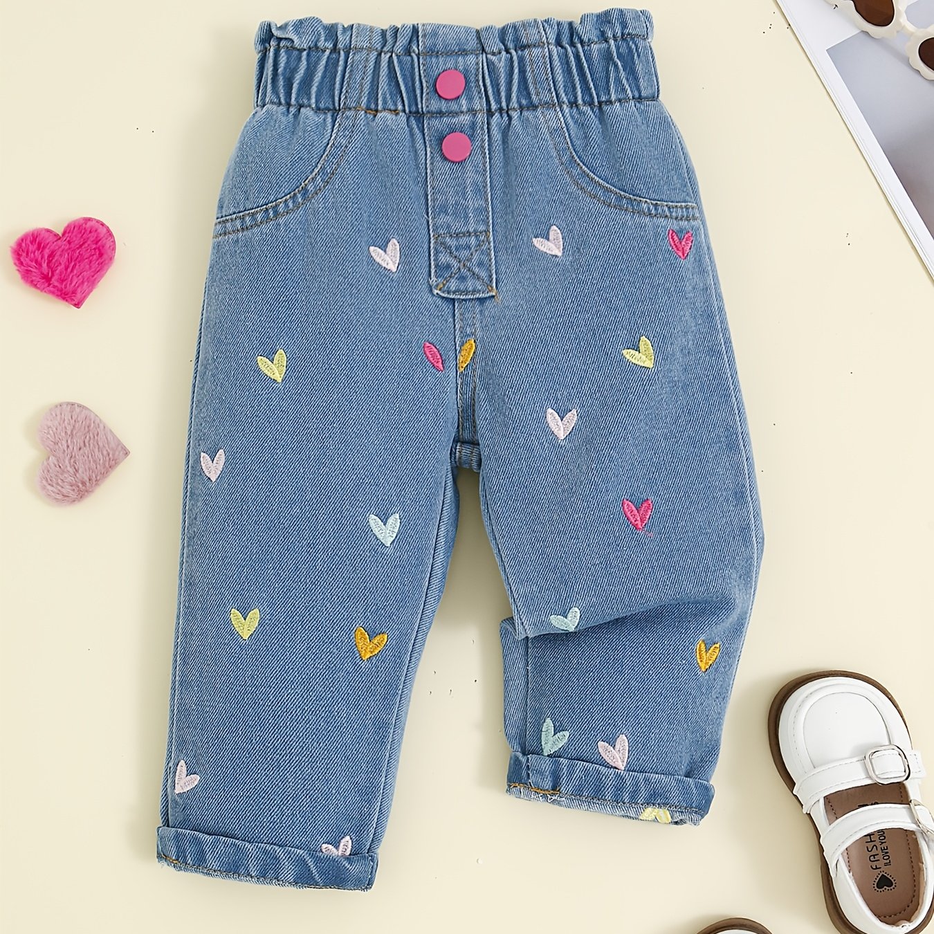 Baby Christmas Valentine's Day High-waist Embroidered Denim Long Pants