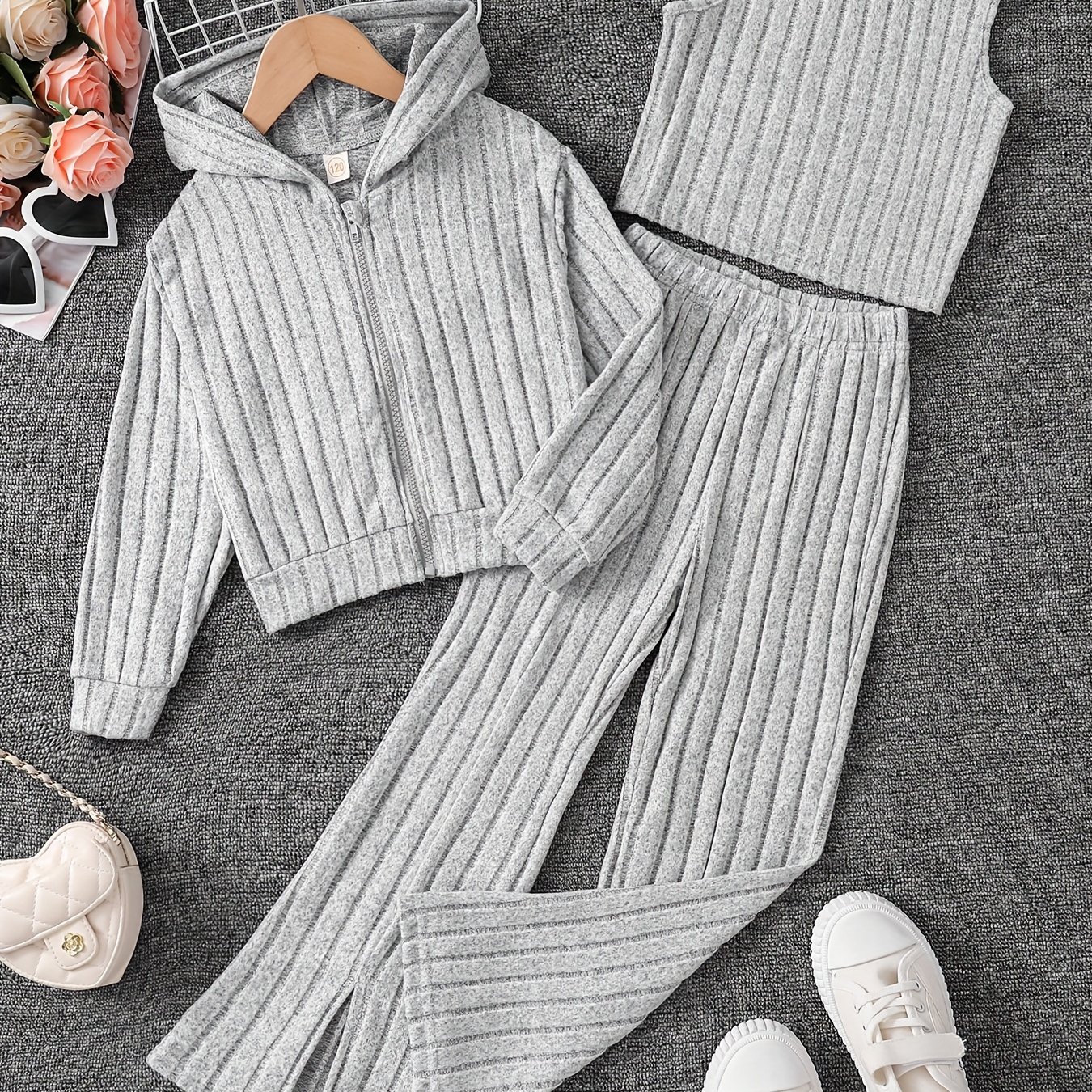 Image of Girls' Clothing Set, Spring Autumn ' Plush Zipper Hooded Cardigan And Vest And Side-slit Long Pants 3pcs Set, Suitable For Back-to-school, Graduation, Prom, Party, Gathering Outfits, For Outdoor