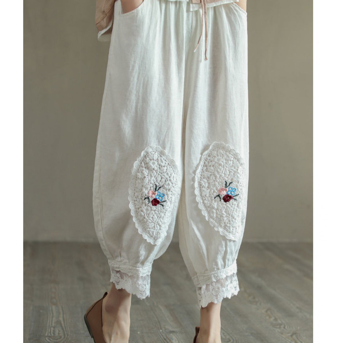 TEMU 刺繍ポケット付きレディース夏用リネンハーレムパンツ - ルーズフィット、ド丈、伸縮性ウエストバンド、通気性カジュアルホーム＆アウトドアパンツ、快適な履き心地、ヴィンテージスタイル、装飾ポケット