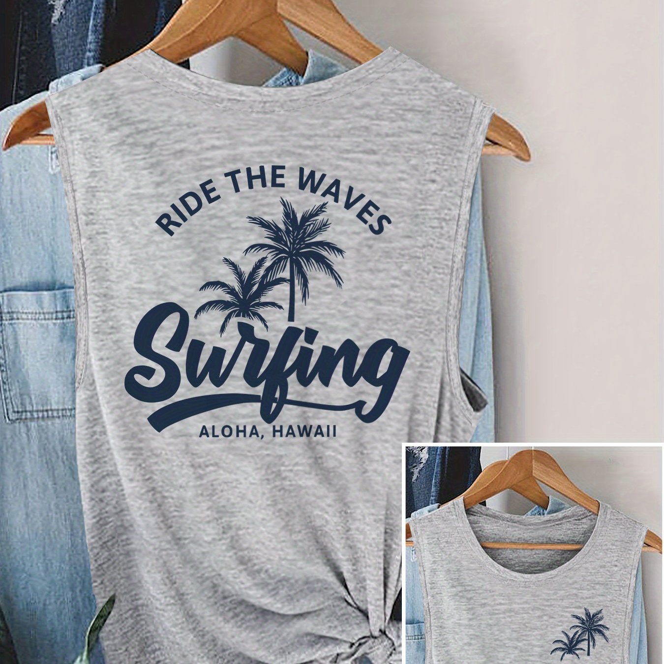 TEMU Camiseta sin para mujer - "Ride Surfing Aloha" Estampado hawaiano, cuello casual, con diseño de , ideal para ropa de playa de /verano, camiseta