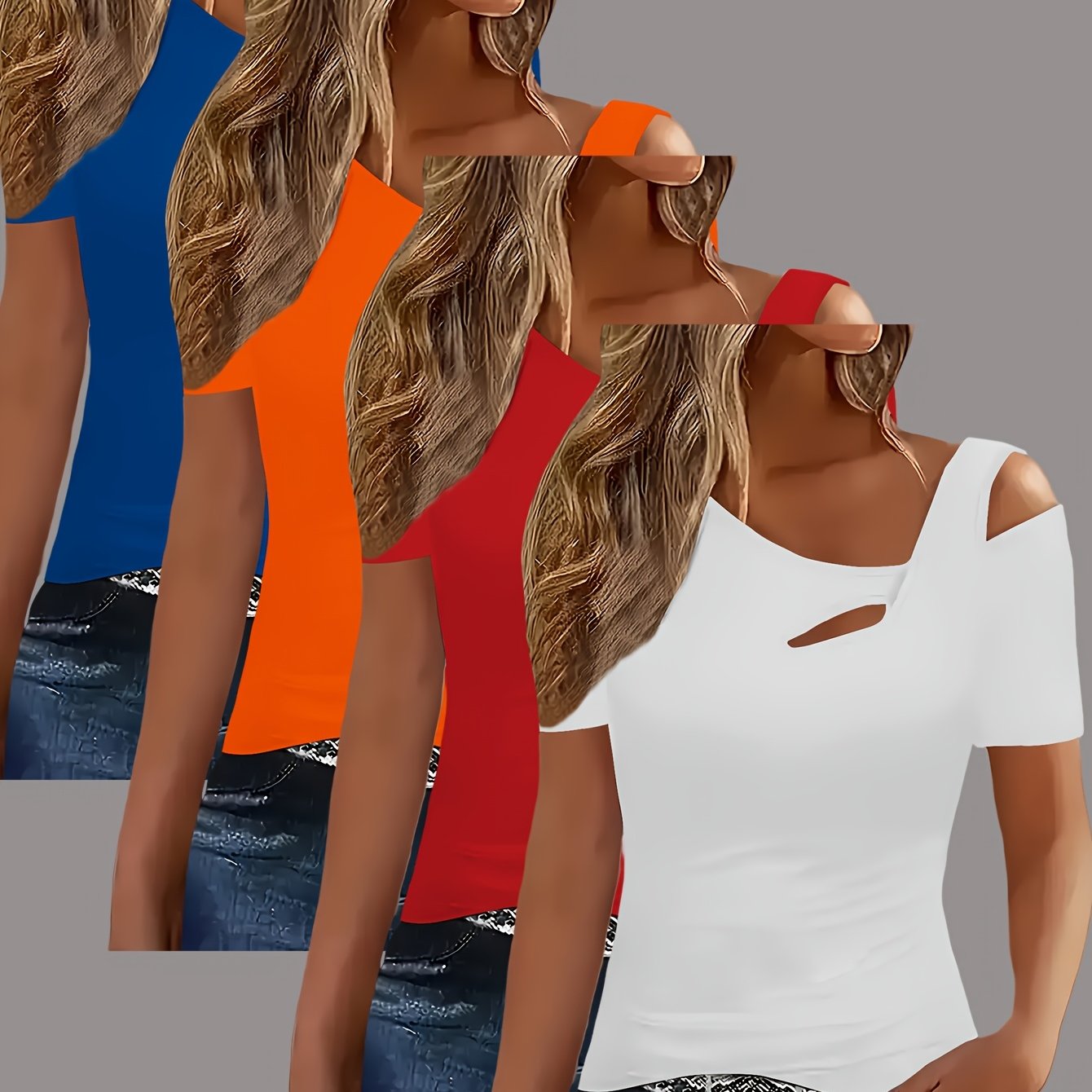 TEMU 4pcs Women's Elegant Short-sleeve Asymmetric Off-shoulder Blouses - Solid Color Medium--washable Tops For Spring Summer Fall, Casual &