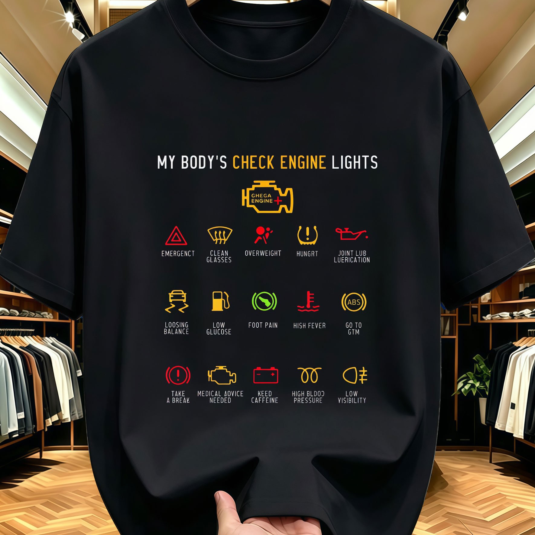 TEMU Men's Check Engine Light Obd Codes T-shirt - Color-coded Dashboard Design With Obd Chart Print, Soft Round Neck Casual Summer Top Suitable For