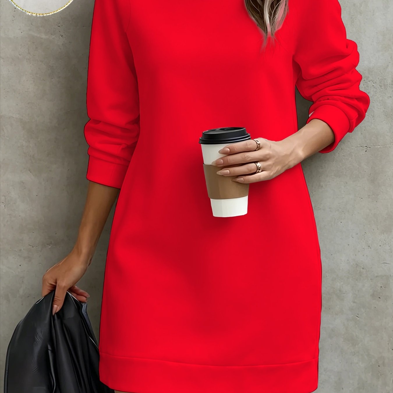 TEMU Women's Red Solid Color Casual Crew Neck Long Sleeve Sweatshirt, Hip-covering Mid-length Sweatshirt, Relaxed Loose Fit For Daily Streetwear,