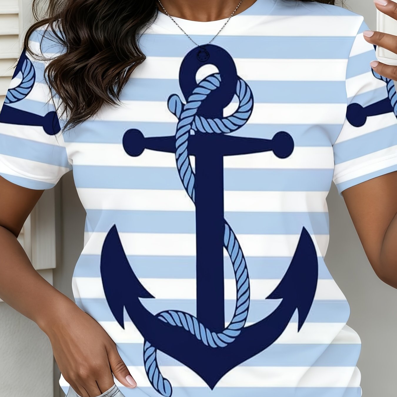 Plus Size - Plus Size - Plus Size Women's Clothing, Size, Features A Blue And White Striped Pattern, With A Navy-colored Anchor And