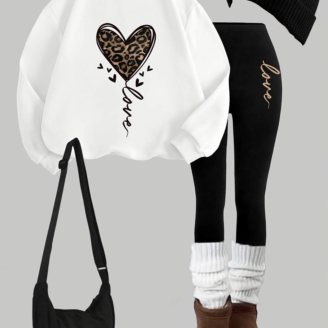 TEMU 0926, 1 Ensemble de Sweatshirt Décontracté pour Femme, Ensemble 2 Pièces avec Imprimé Cœur, Sweatshirt à Col Rond et Manches Longues et Leggings