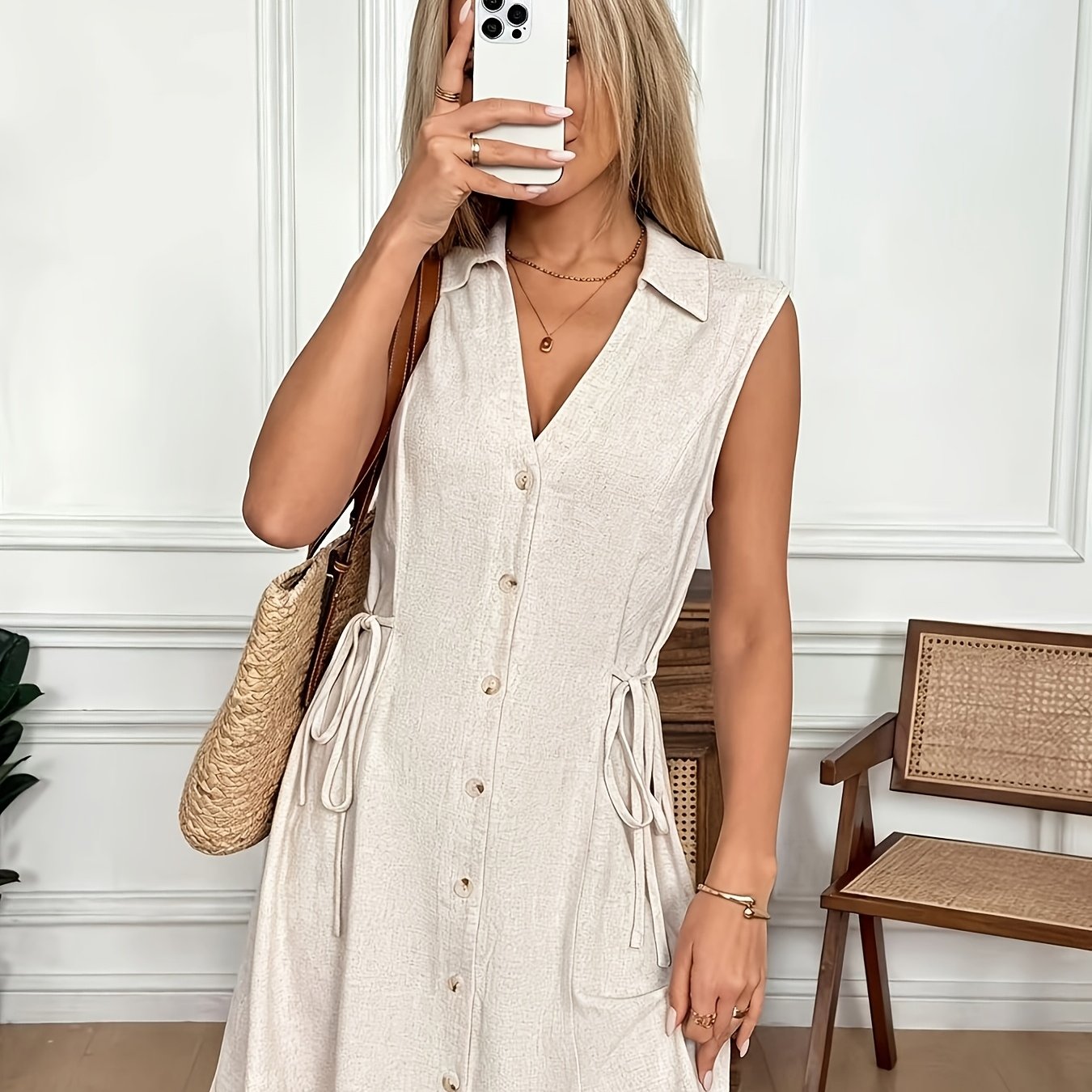 TEMU Apricot Sleeveless Waist-cinching Mini Dress, Suitable For Casual, , Office, Vintage, French , Spring/, Bohemian Style, Sexy Button Dress, Beige