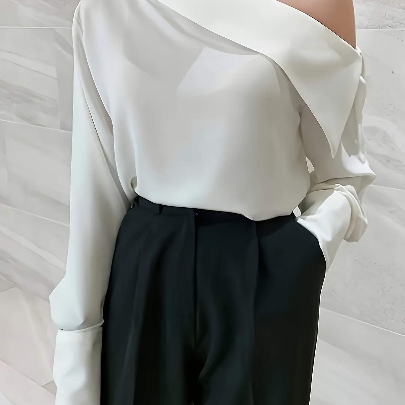 TEMU Elegant 1 Shoulder Long Sleeve Blouse, Polyester Solid Color Woven Shirting For Adult Women, All Season