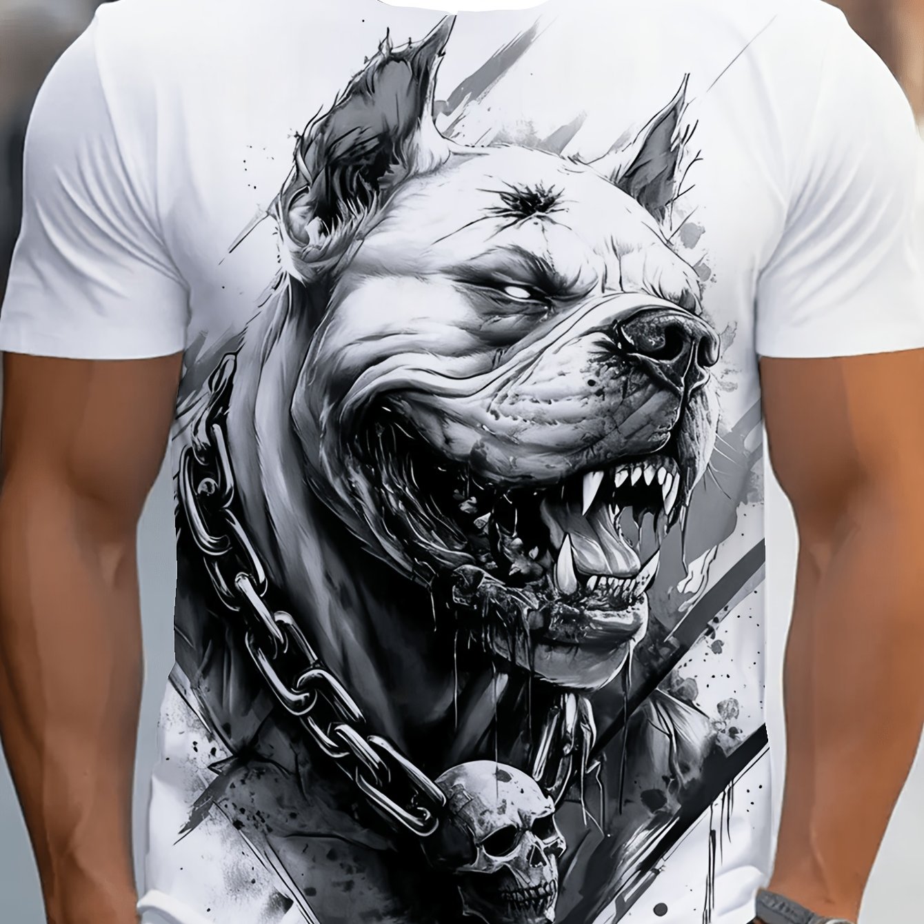 TEMU Men's Bulldog T-shirt - White With Black/gray Street Style Tee Featuring Bulldog Face, Chain, And Bulldog-like Breed Patterns - Casual Summer