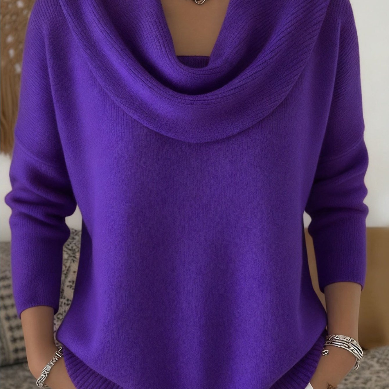 TEMU 1pc Women's Spring Autumn Cowl Neck Pullover Drop Shoulder Long Sleeve Solid Jumper Easy Elegant Top For Daily Commute Casual
