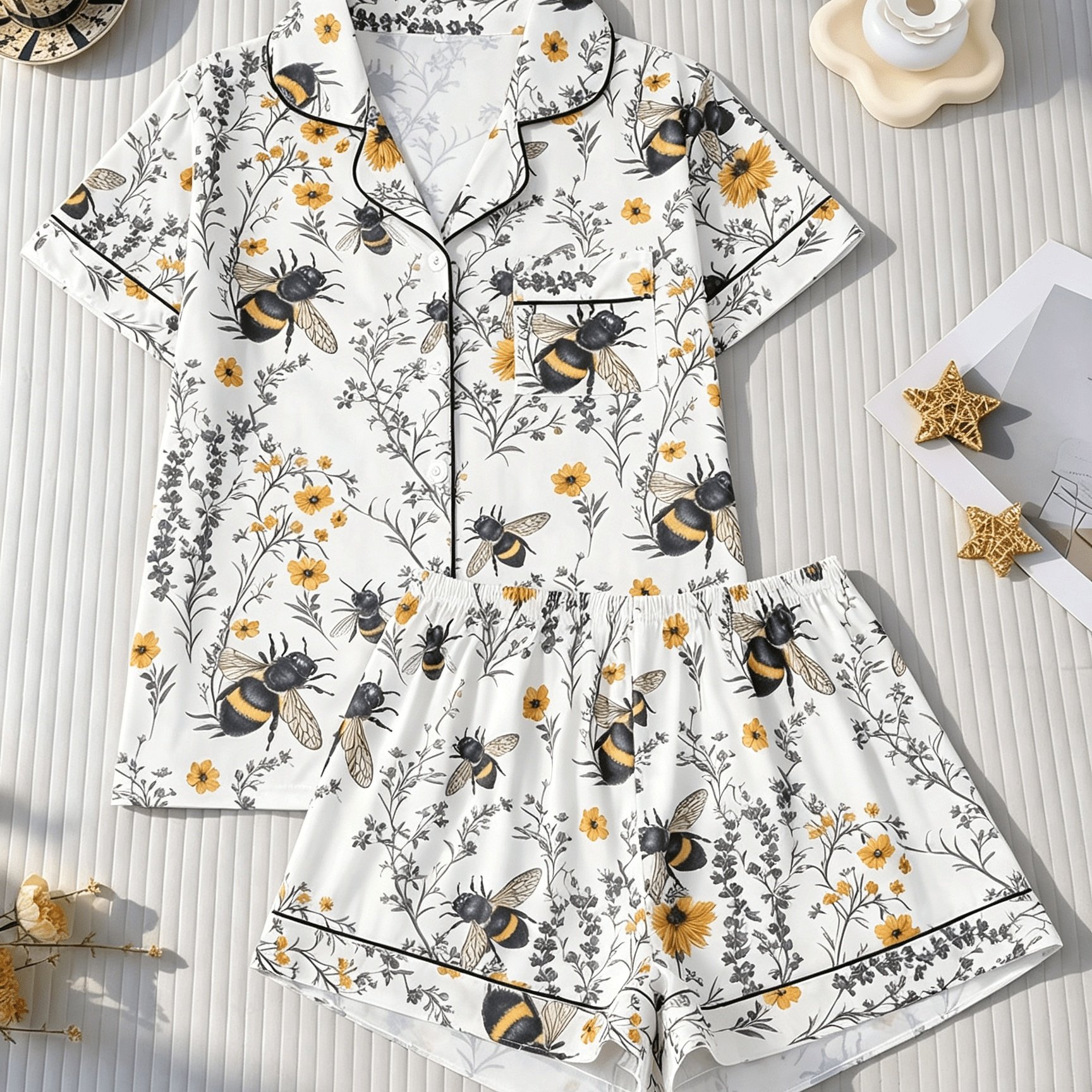 TEMU 2pcs Spring/summer Women's Pajama Set. Floral, Botanical, And Insect-themed Printed Pajamas With A Short-sleeve Lapel Cardigan Top And
