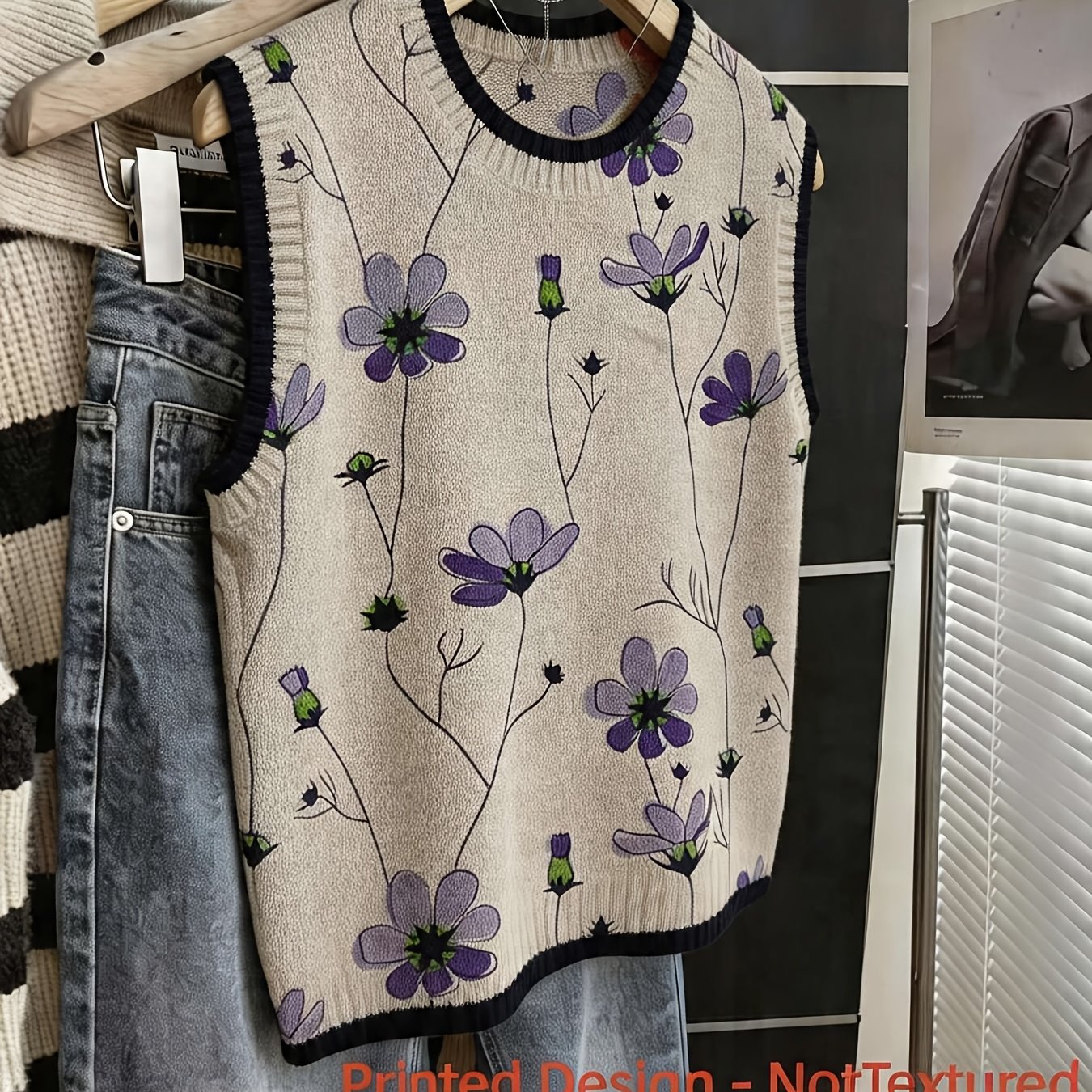 TEMU Plus Size, 2d Flat Pattern Spring/autumn Fashion New Stylish Versatile Pullover Round Neck Vest Women's Top With Floral Pattern Flat Trendy