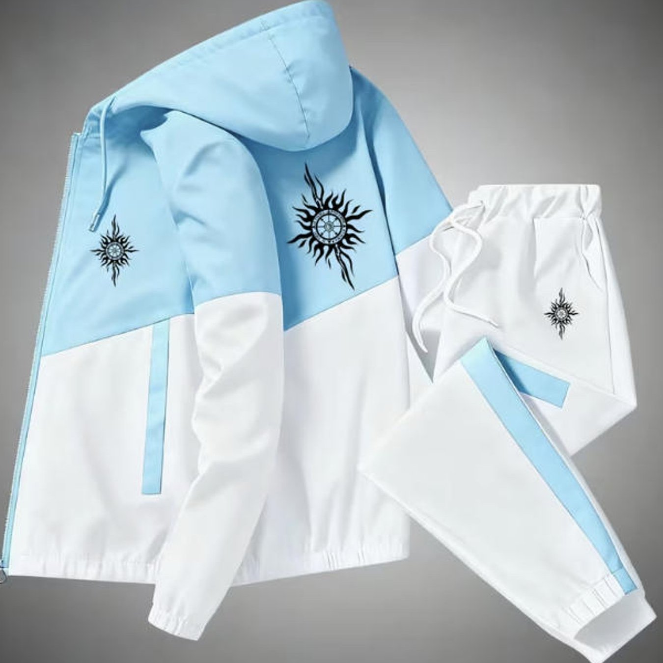 Image of Hooded Tracksuit Set For Adult Men Street Style Turquoise White Splice Sun Tribal Graphic Casual Sportswear Fall Winter Daily Wear Holiday Gift