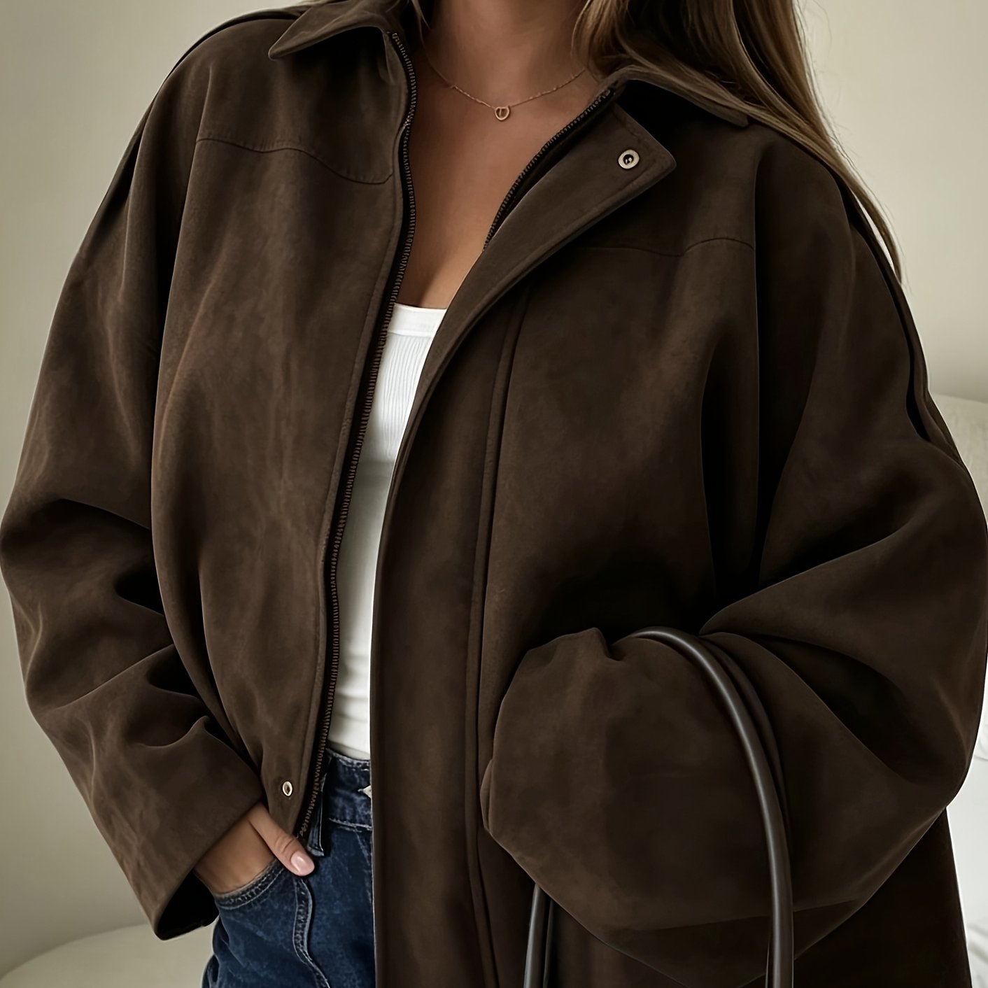 TEMU Plus Size, Corinnessa Women's Lapel & Zipper Jacket - Retro Oversized With Drop Shoulder, Solid Color Blazer, Machine Washable Suitable For