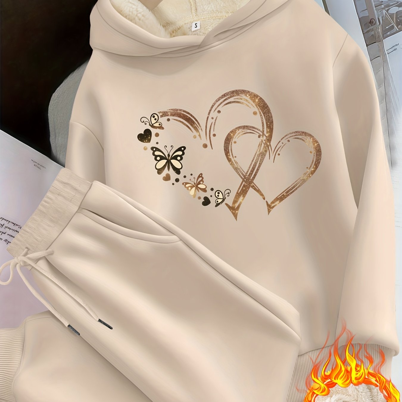 TEMU Japanese And Korean Style Autumn/winter Casual Women's 2pcs Set: Heart And Print -lined Thickened Hooded Sweatshirt With Slant Pocket Pants