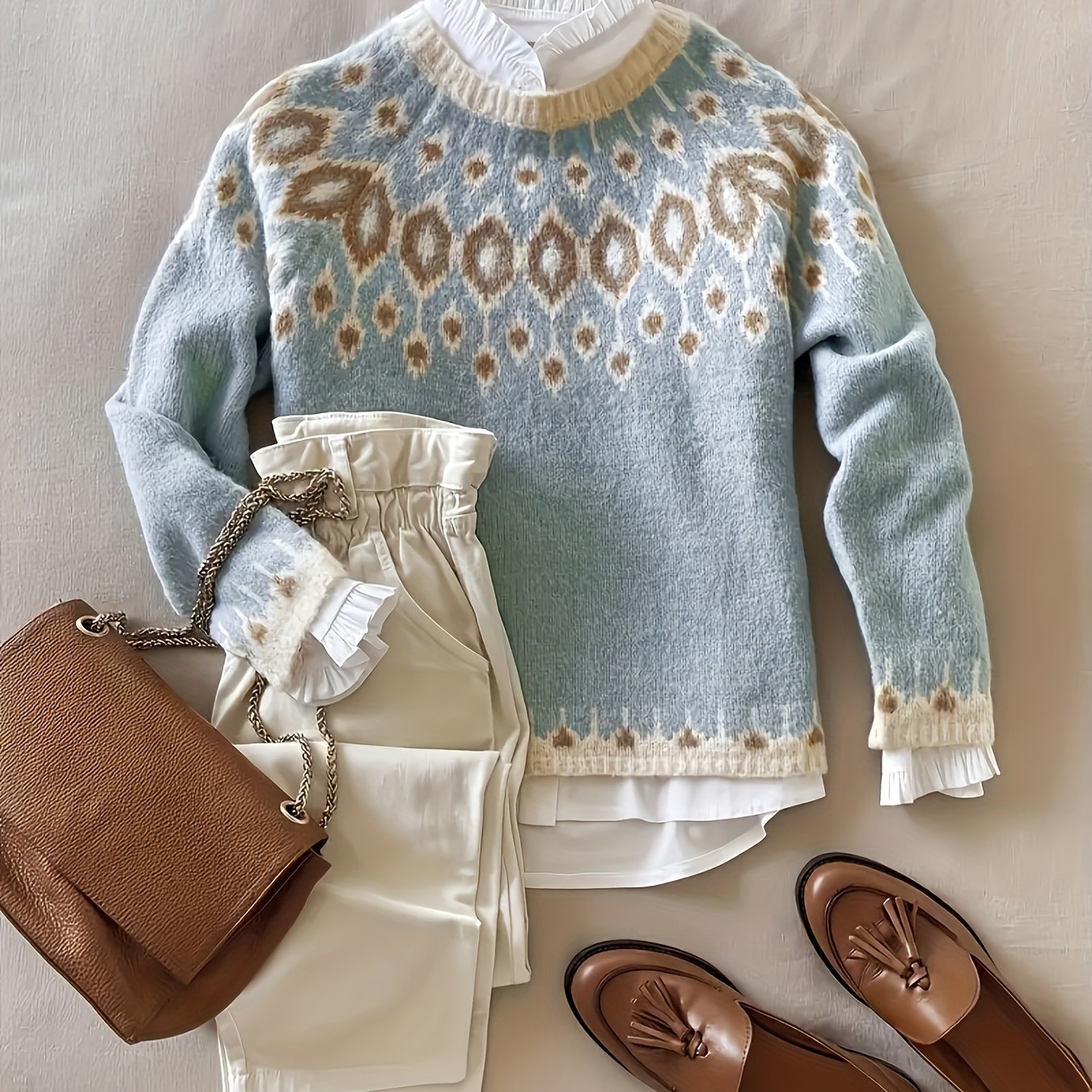 Loose Casual Sweater Fall Winter Neck Jacquard Pullover Long Sleeve Sweater