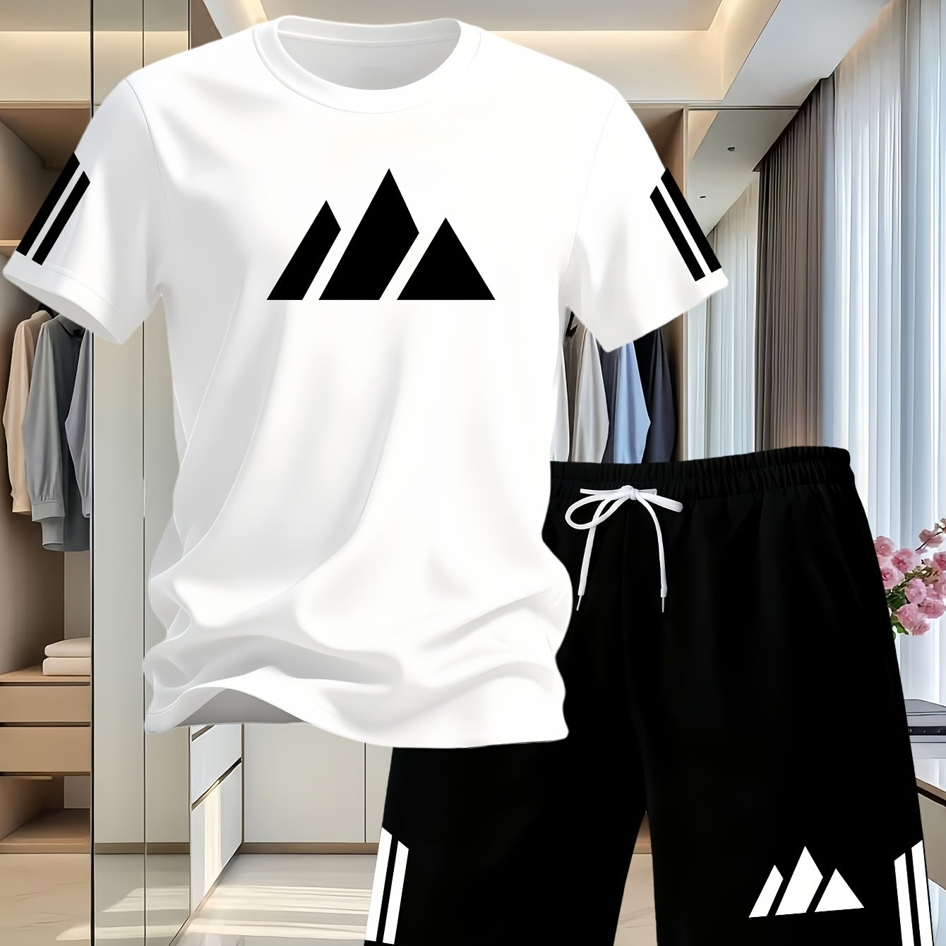 E-shop Herren Freizeit Sportliches Mode 2-teiliges Set mit Kurzarm-T-Shirt Shorts, Trendiges 2D-gedrucktes Muster, Herren Sommer 2-teiliges Sport-Set