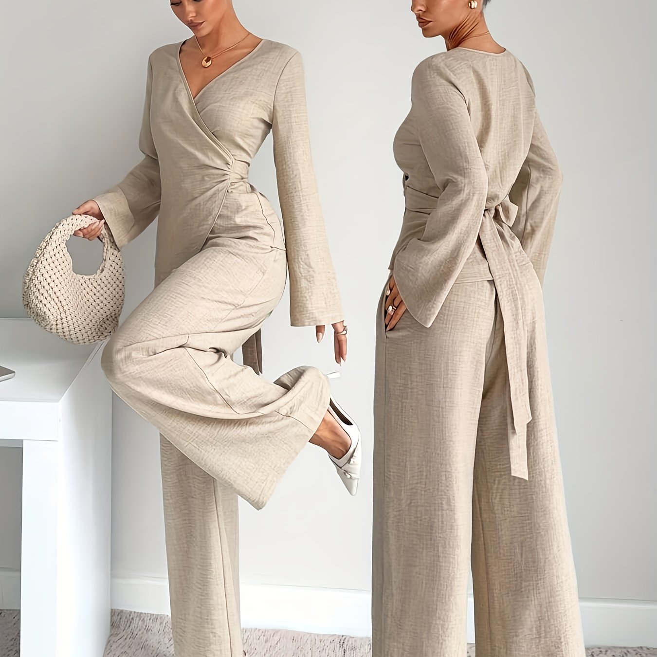 TEMU New Autumn Tapered Shirt Set Elegant Two-piece Tapered Shirt Casual Suit Teacher's Day Travel Airport Outfit Two-piece Comfortable Two-piece,