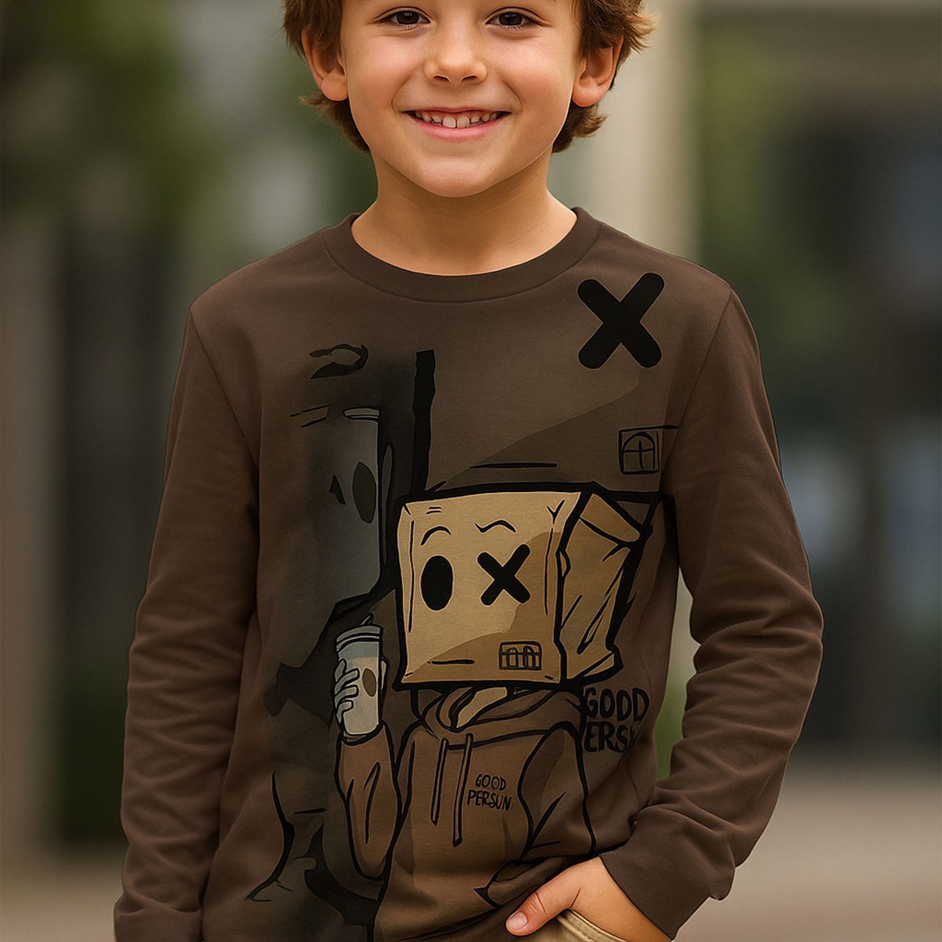 TEMU [ Eye Long Sleeve] Cartoon Cardboard Man Print Boys' Long Sleeve T-shirt: Brown Body With Cute Cardboard Man Holding Drink, Full Of Childhood