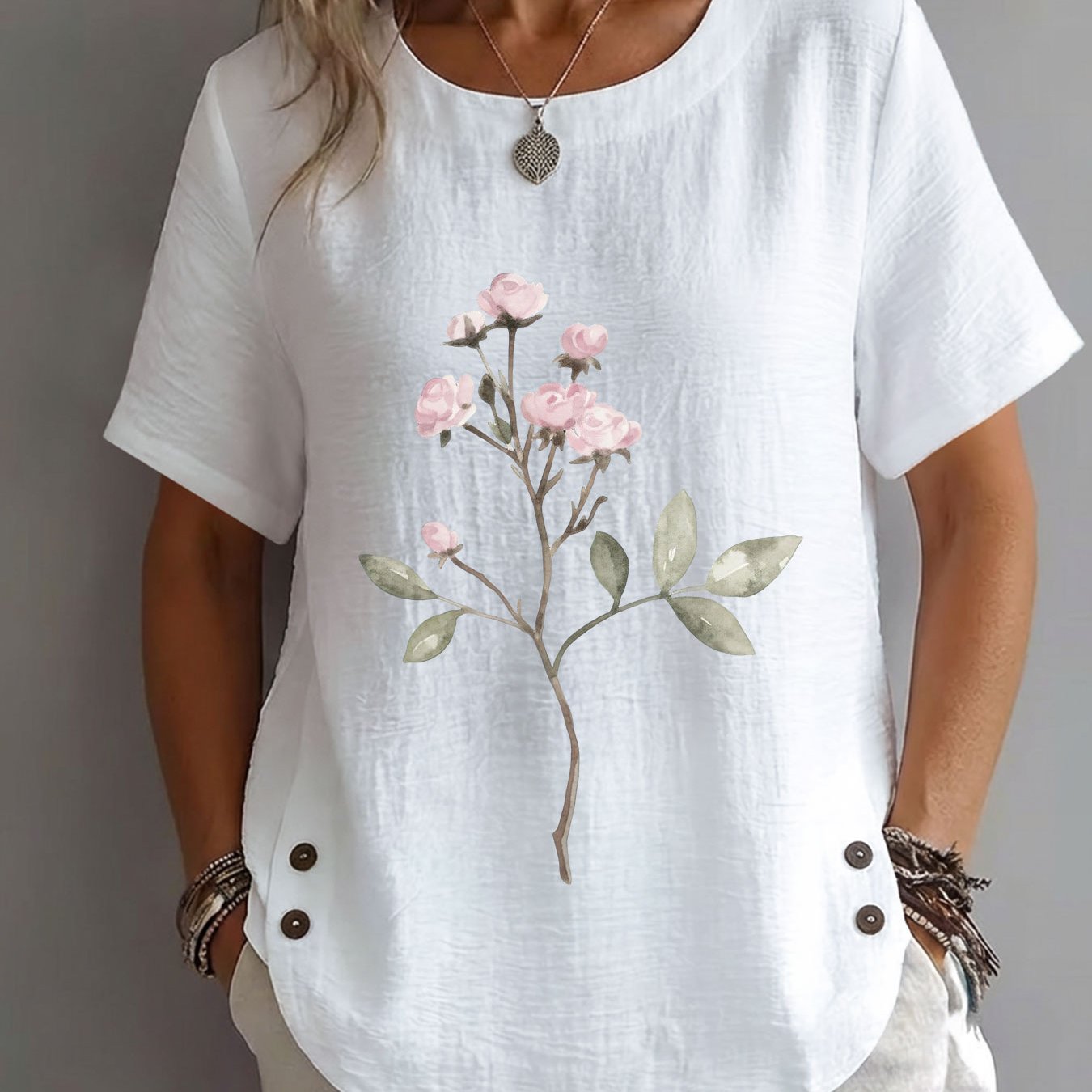 TEMU /summer Women's Clothing, With Floral And Foliage Print, Mature Casual Round Neck Short Sleeve Elegant Apparel