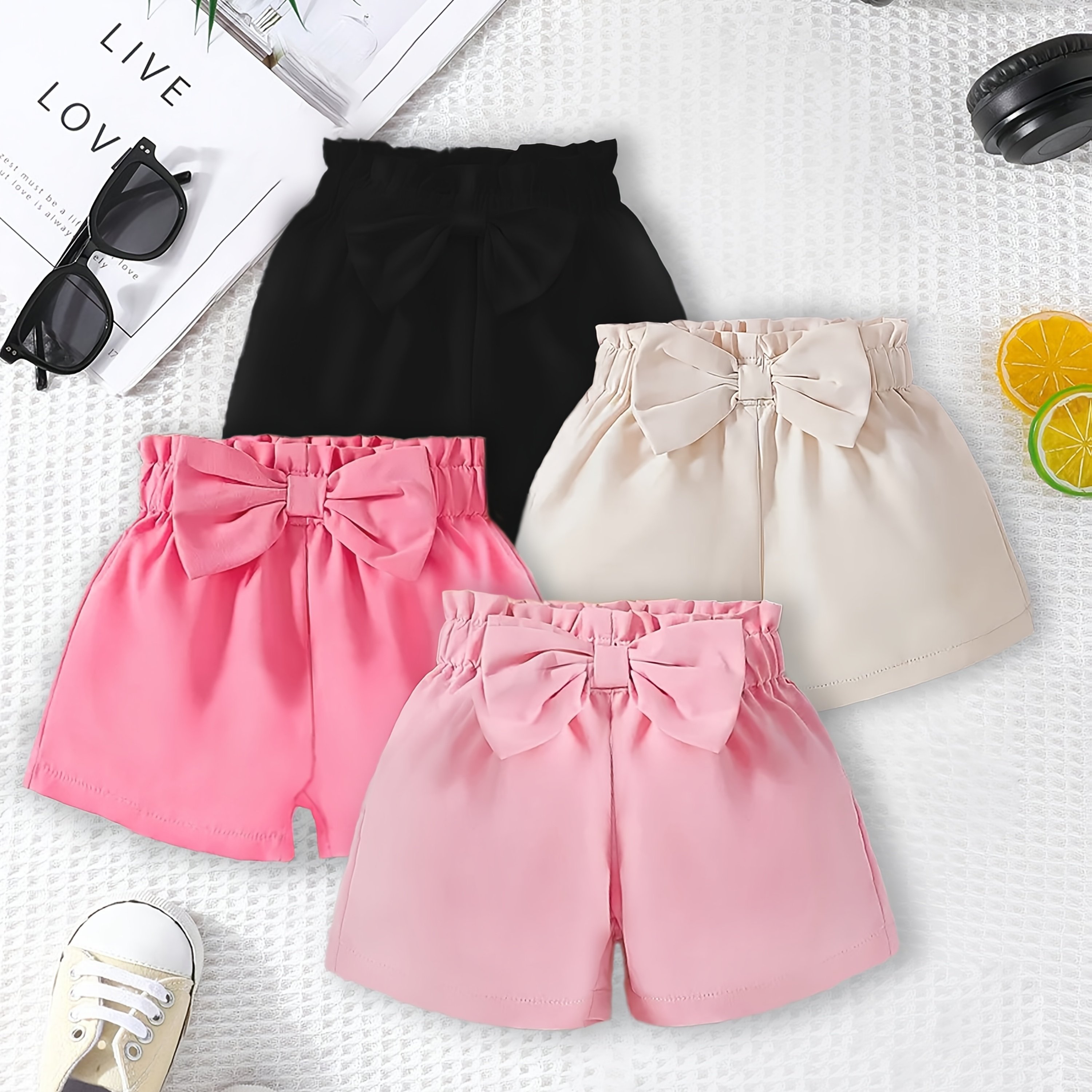 Image of 4pcs Girls' Cute Bow Summer Shorts, Soft Solid Color Woven Elastic Waistband Casual Outdoor Pants, Perfect For Outdoor