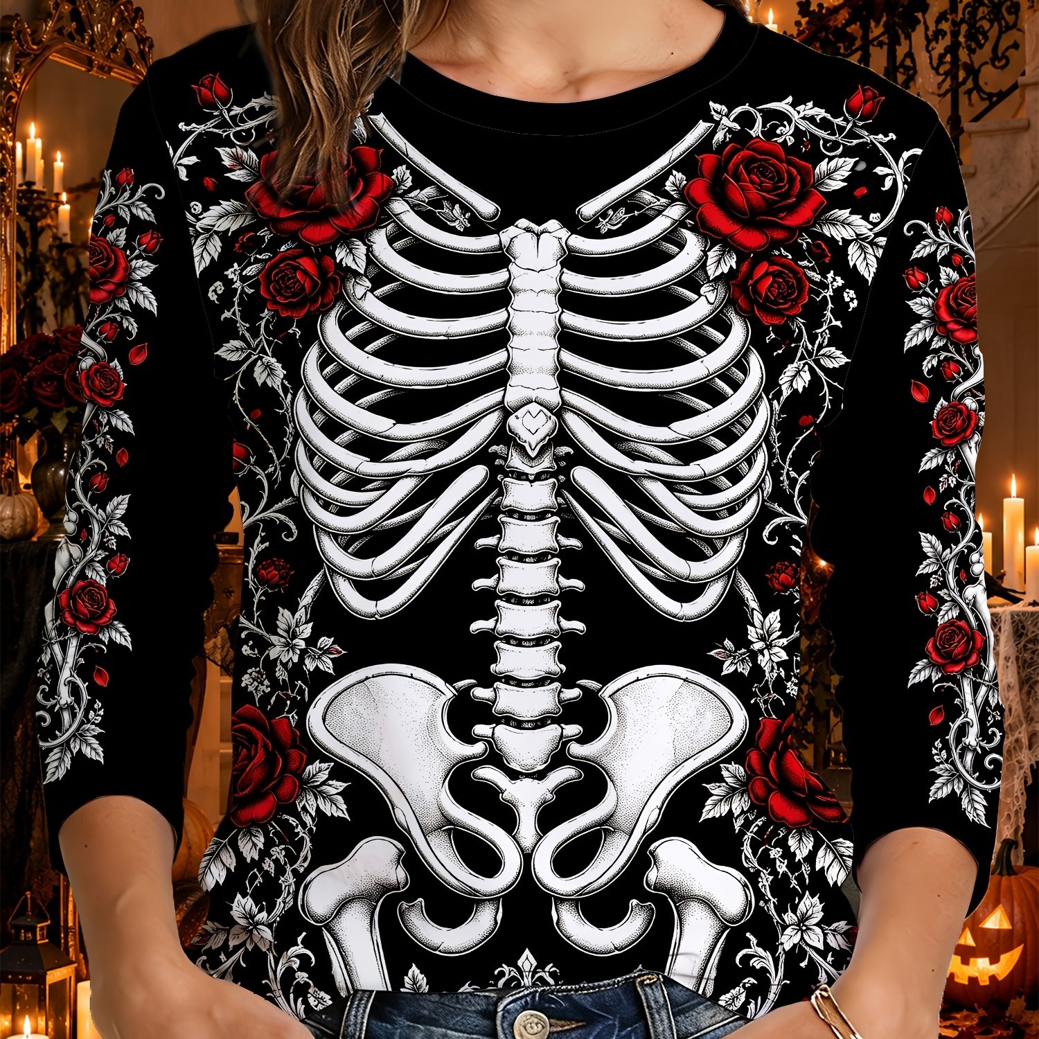 TEMU Women's Gothic T-shirt With Skull & Rose Print - Dark Gothic Crewneck Long Sleeve Top, Floral Skeleton Tee Suitable For Halloween Parties, Music