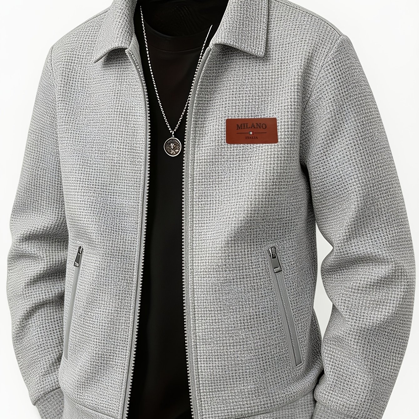 TEMU [ Obm] 2026 Men's Spring Summer New Lapel Jacket, Casual Fashion Zippered Waffle Coat Men's Trendy Item