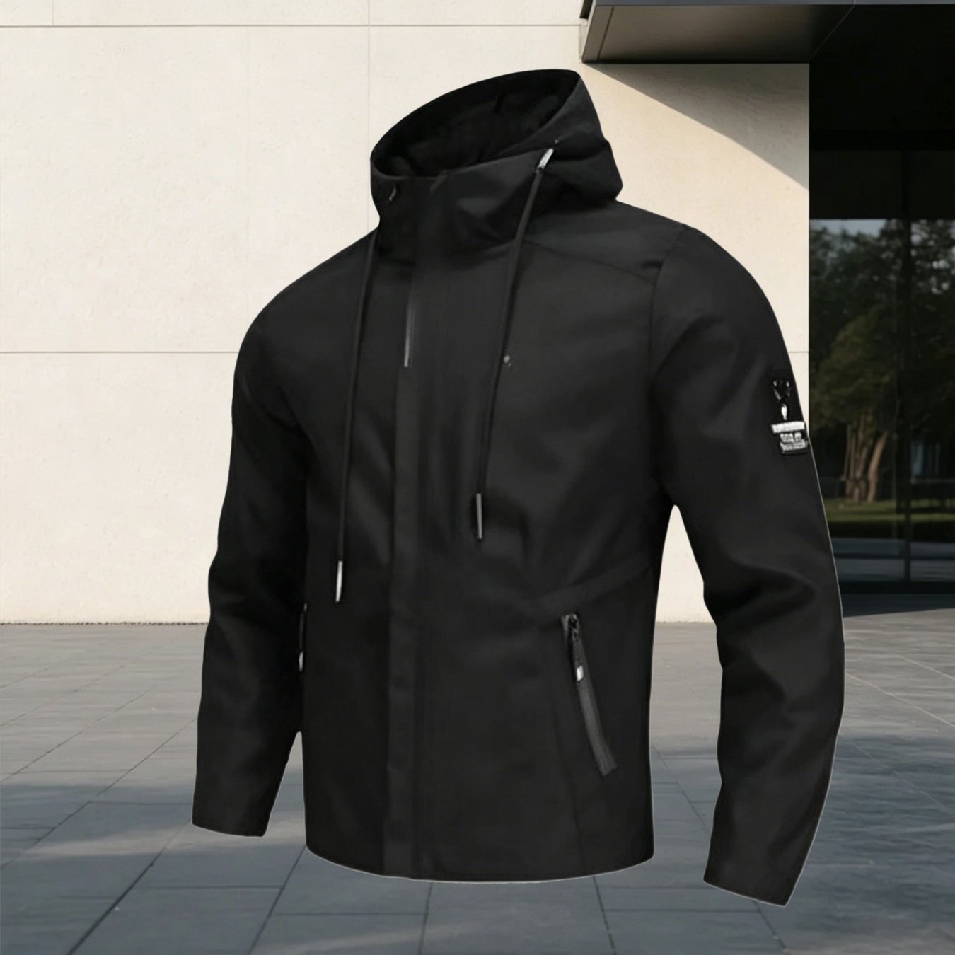 TEMU Men's Windbreaker Jackets 1pc Polyester Black Hooded Full Zip Windbreaker Jacket With Zipper Pockets Techwear Athleisure Casual Sportswear For