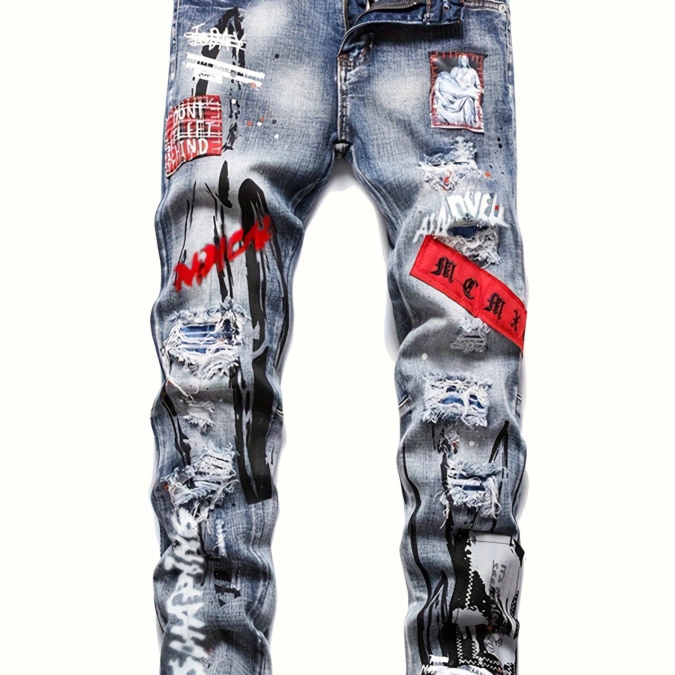 European And New Ripped Patch Frayed White Men's Slim Fit Micro-elastic Men's Jeans Paint