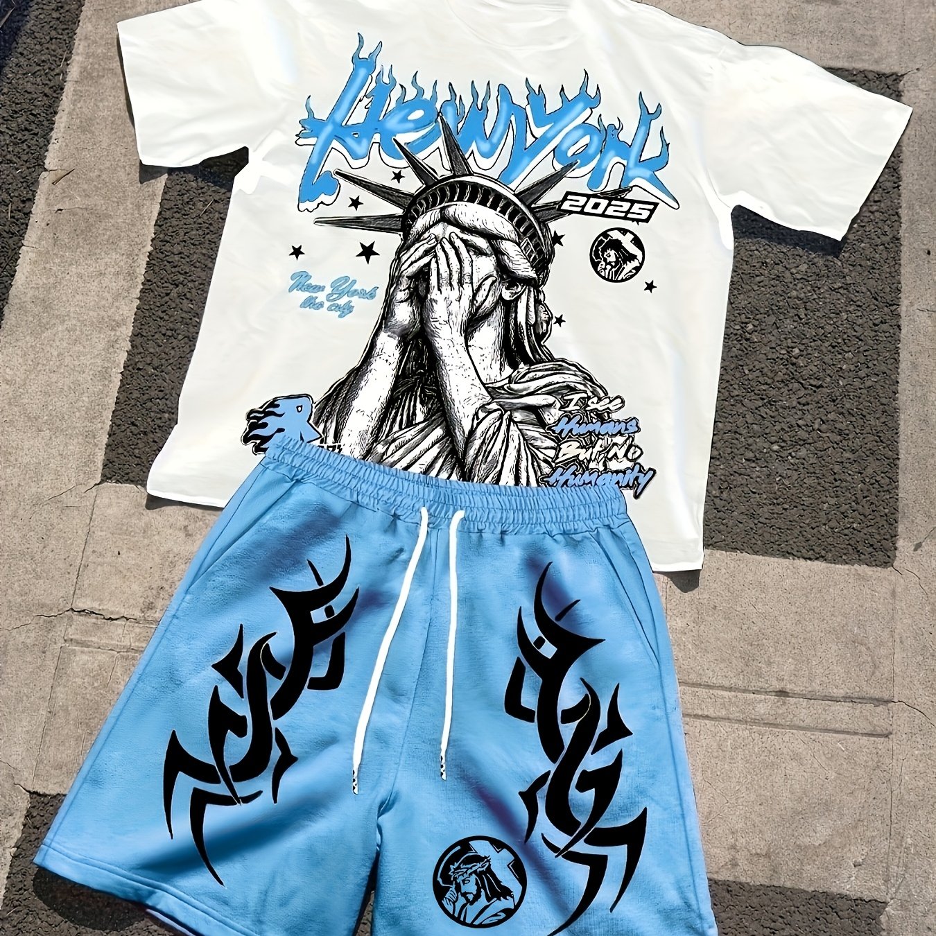 TEMU Conjunto Casual de Manga Corta y Pantalones Cortos para Hombre con Diseño Estampado (No Texturizado) | Conjunto de 2 Piezas para Hombre con
