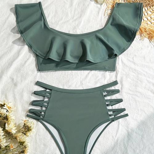 new womens tankini two piece split sexy small chest gathered ruffle edge hollow pants beach wear swimsuit