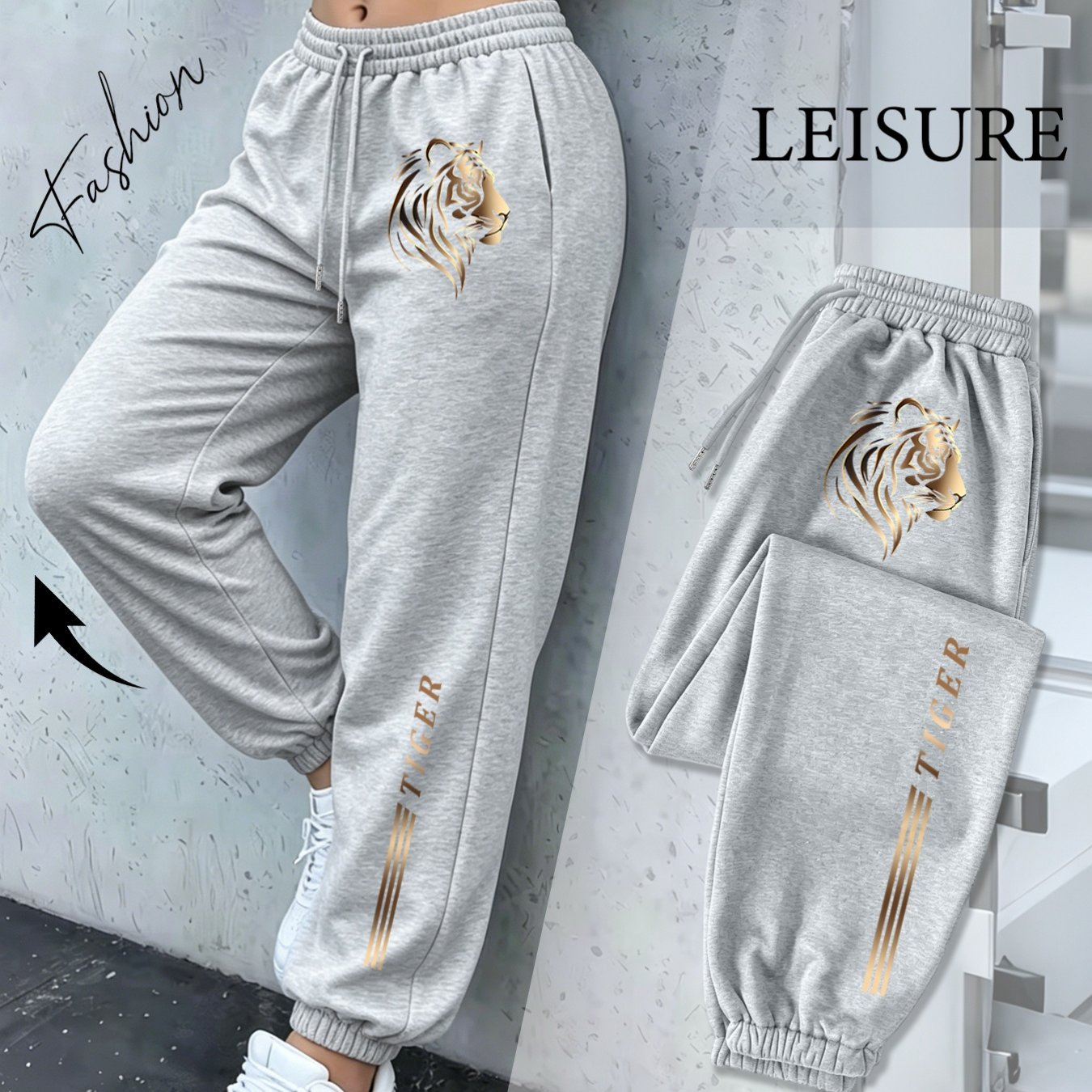TEMU Women's Drawstring High-waist Jogger Pants With Head Tiger Three-stripe Print, Loose Fit Casual Jogging Pants, Versatile Streetwear Long Pants