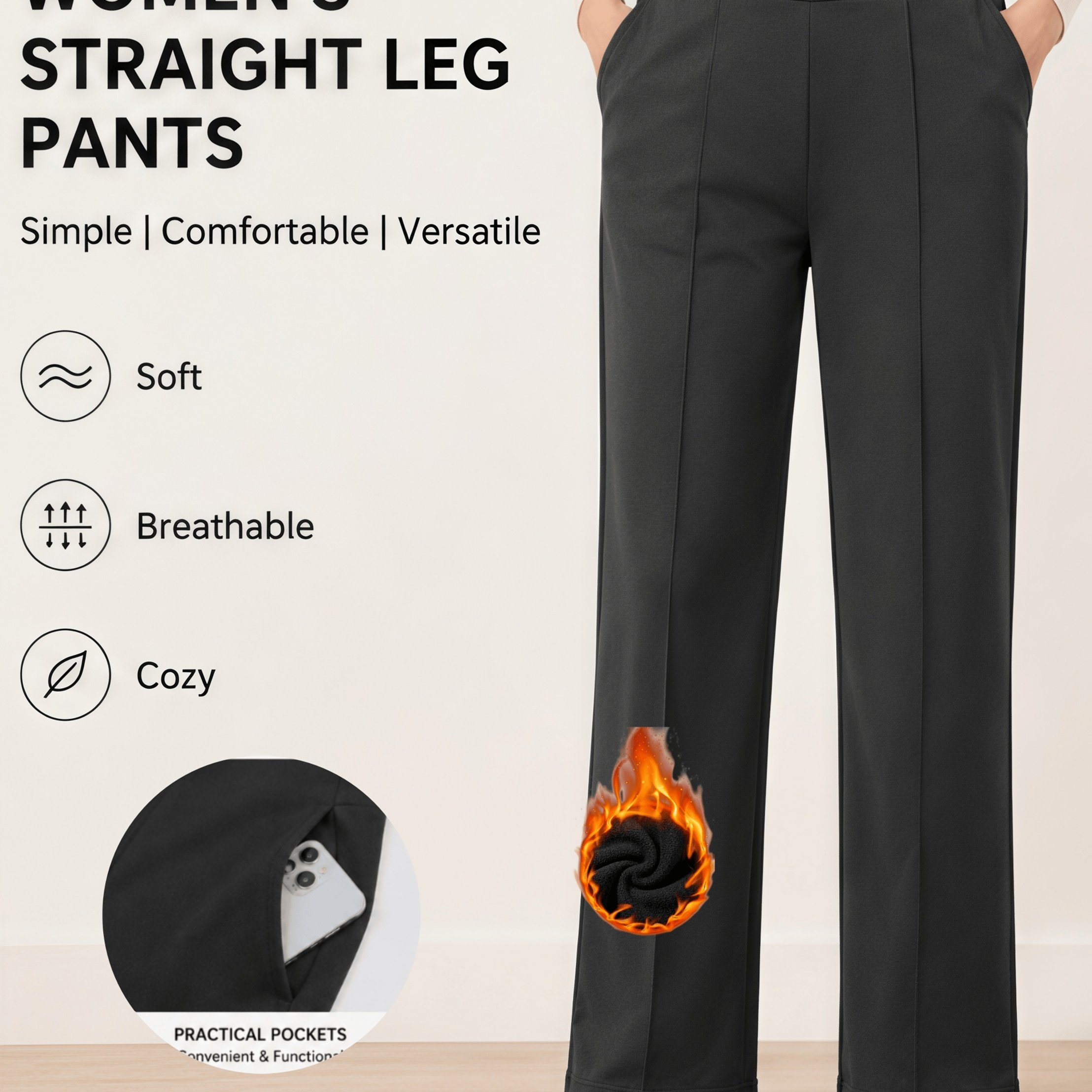 TEMU Fall Winter Fleece-lined Thick High-waist Wide-leg Trousers, Wide Waistband Tummy Control Elastic Waistband Contouring Body Nontight, Mid-seam