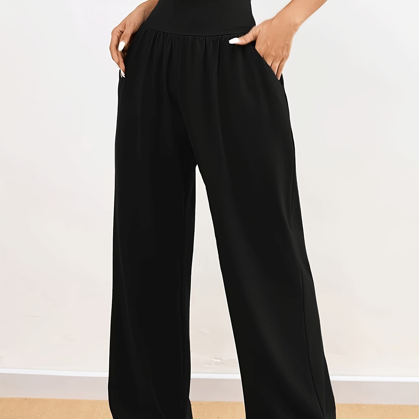 TEMU 5801 Women's High-waist Stretchy Loose-fit Straight-leg Pants | Solid Color, With Pocket Details, , Suitable For And Weekend