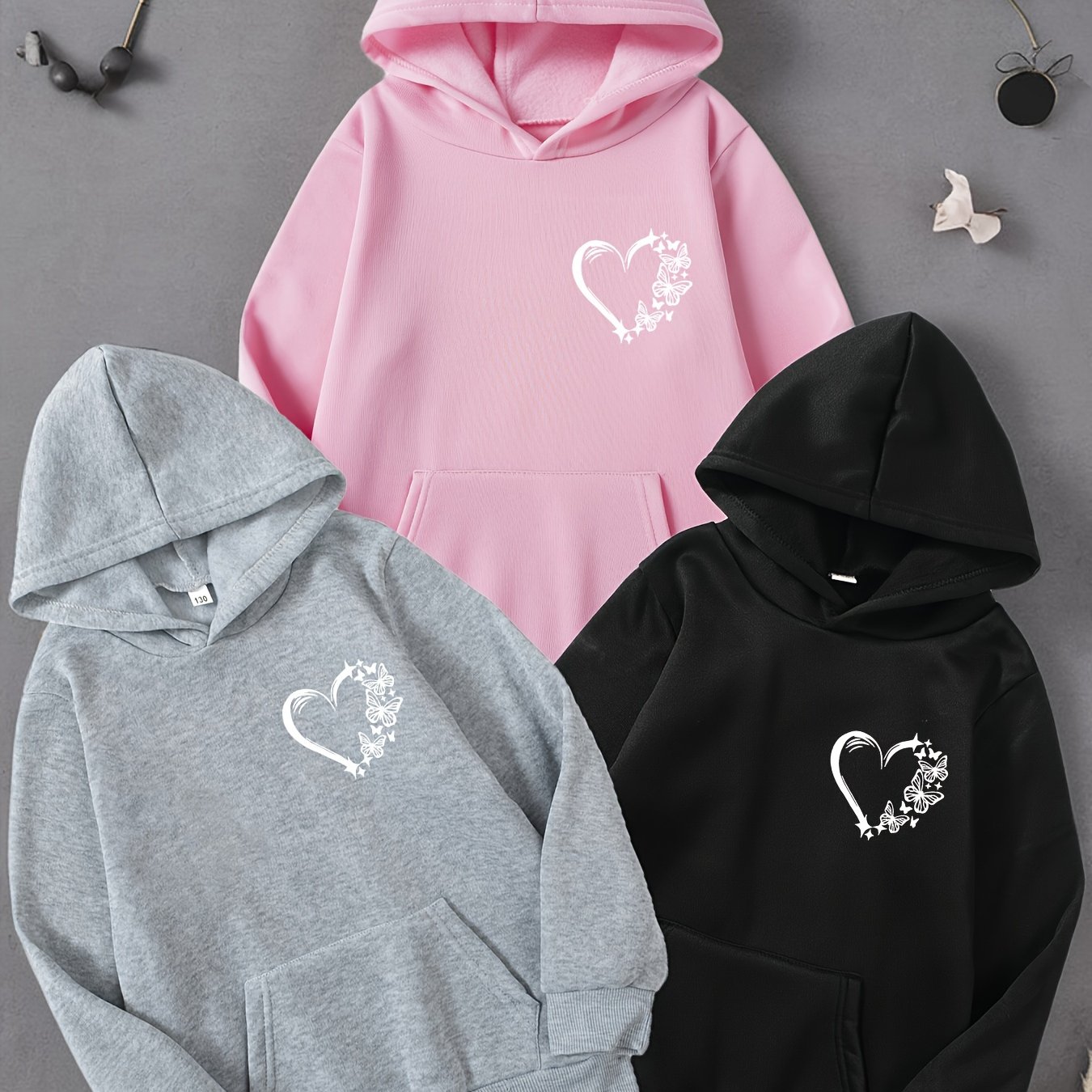 Image of Girls' Fashion Heart Pattern Print Hooded Sweatshirt Set, 3pcs Casual Comfortable Hoodie