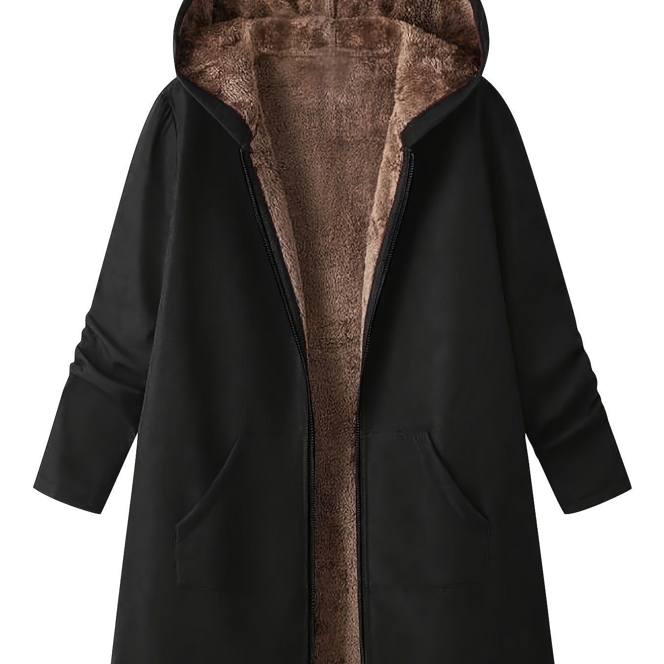 TEMU Giacca con cappuccio e in peluche stile e americano /inverno con cerniera, doppie tasche, capospalla versatile a a met� lunghezza e caldo