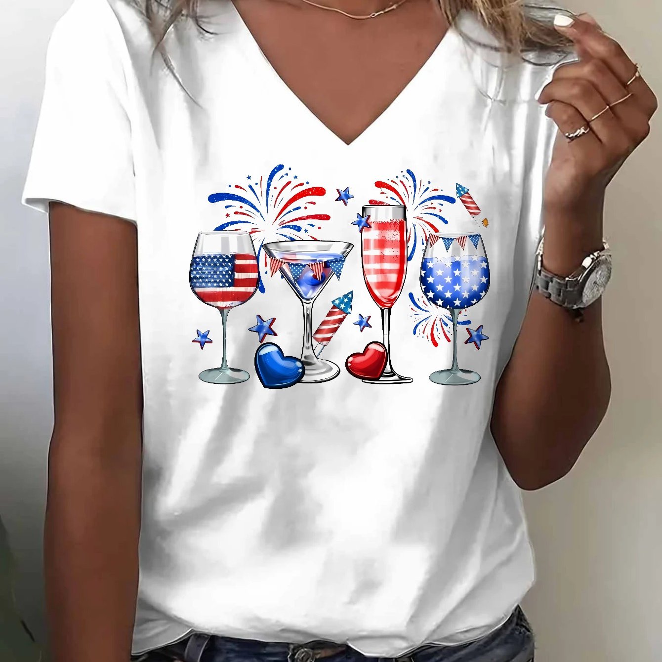 TEMU Women's Patriotic American Flag V-neck T-shirt - July 4th Fireworks & Stars Print Top, Soft Breathable Casual Suitable For Day Celebration,
