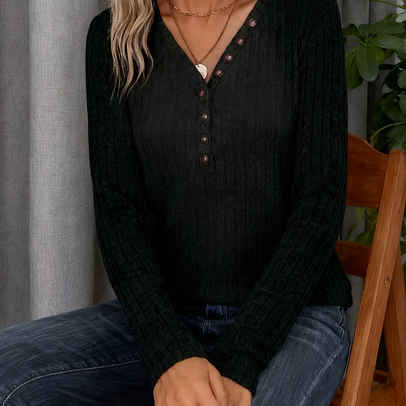 TEMU Casual Temperament V-neck   Button Brushed Long-sleeved Pullover Fitted Sweater, Slim Fit Shaping