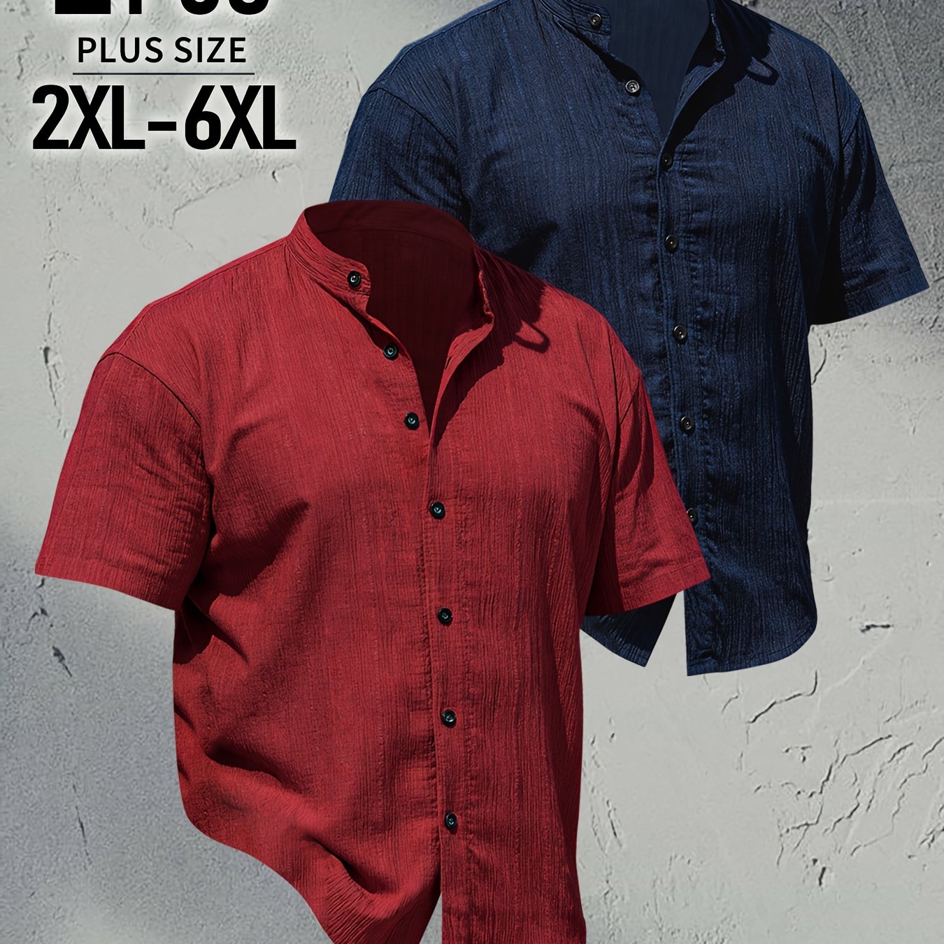 TEMU [darwin Obm] 2pcs Men's Plus Size Summer Short Sleeve Shirts - Lightweight Breathable Solid Color Button-up Shirts, Casual Stand Collar Tops,