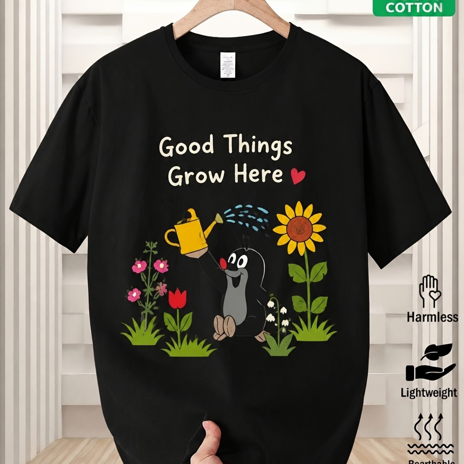 Image of Men's Short Sleeve Crew Neck Graphic T-shirt With " Grow Here" Text And Cute Cartoon Mole Watering Garden Flowers, Casual Summer Tee For Daily Wear, Plus Size