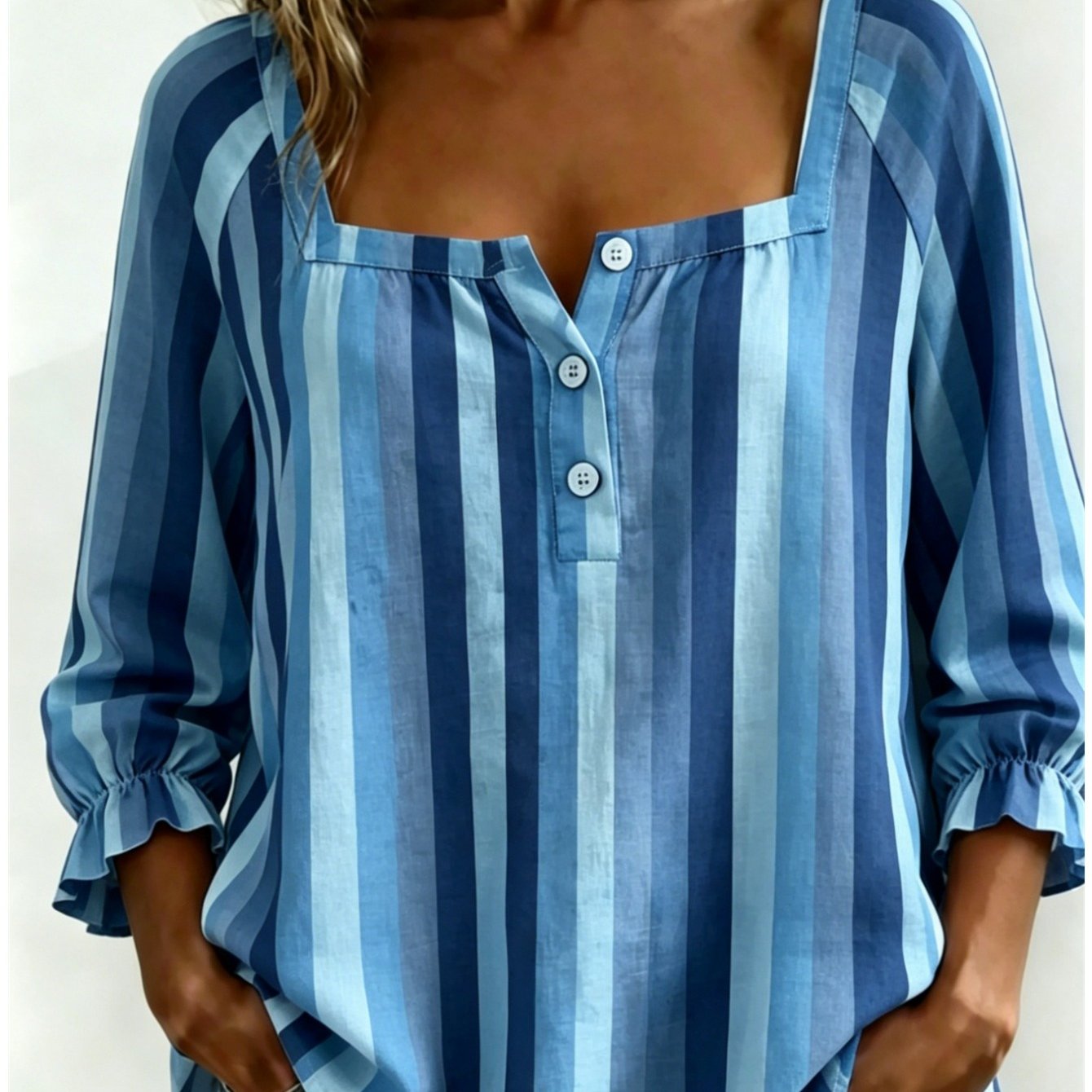 Plus Size - Plus Size - 2d Flat Printing Plus Size Women's Classic Striped Spliced Printed Pattern Square Collar Three-button Shirt, Women's Fashion Casual Square Collar Shirt