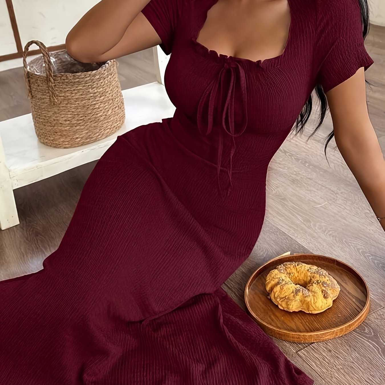 Neck Design Bow Short Sleeve Spring Summer Dress Mid-length Nightgown