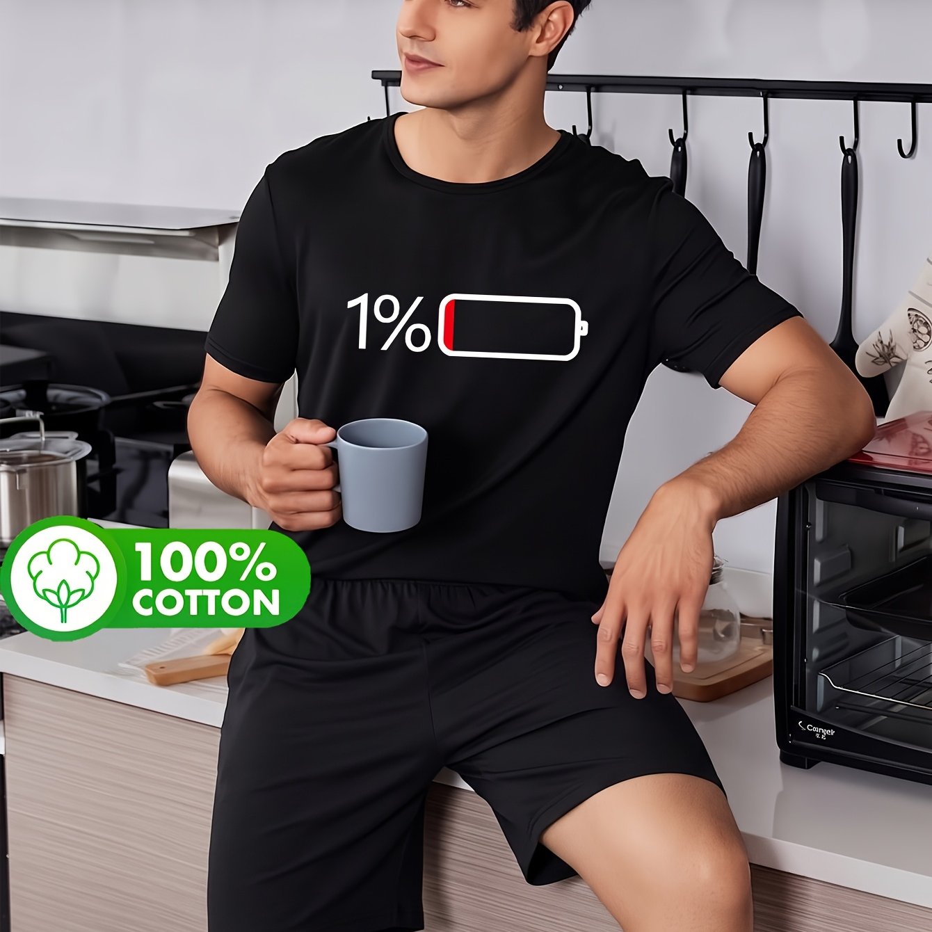 Image of Men's 100% Cotton Pajamas, Spring/summer Short Sleeve And Shorts Set With Fashionable Geometric Pattern