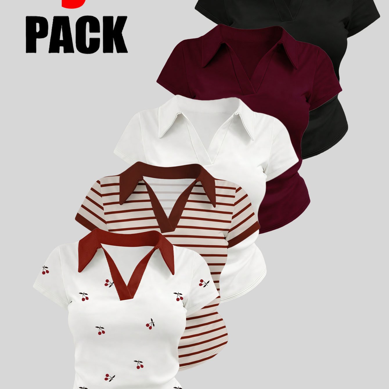 5er-Pack Damen Polo V-Ausschnitt Crop Tops mit Uni- & Camo-Print - Kurzärmeliges, figurbetontes Freizeit T-Shirt Set: retailer-supplied image