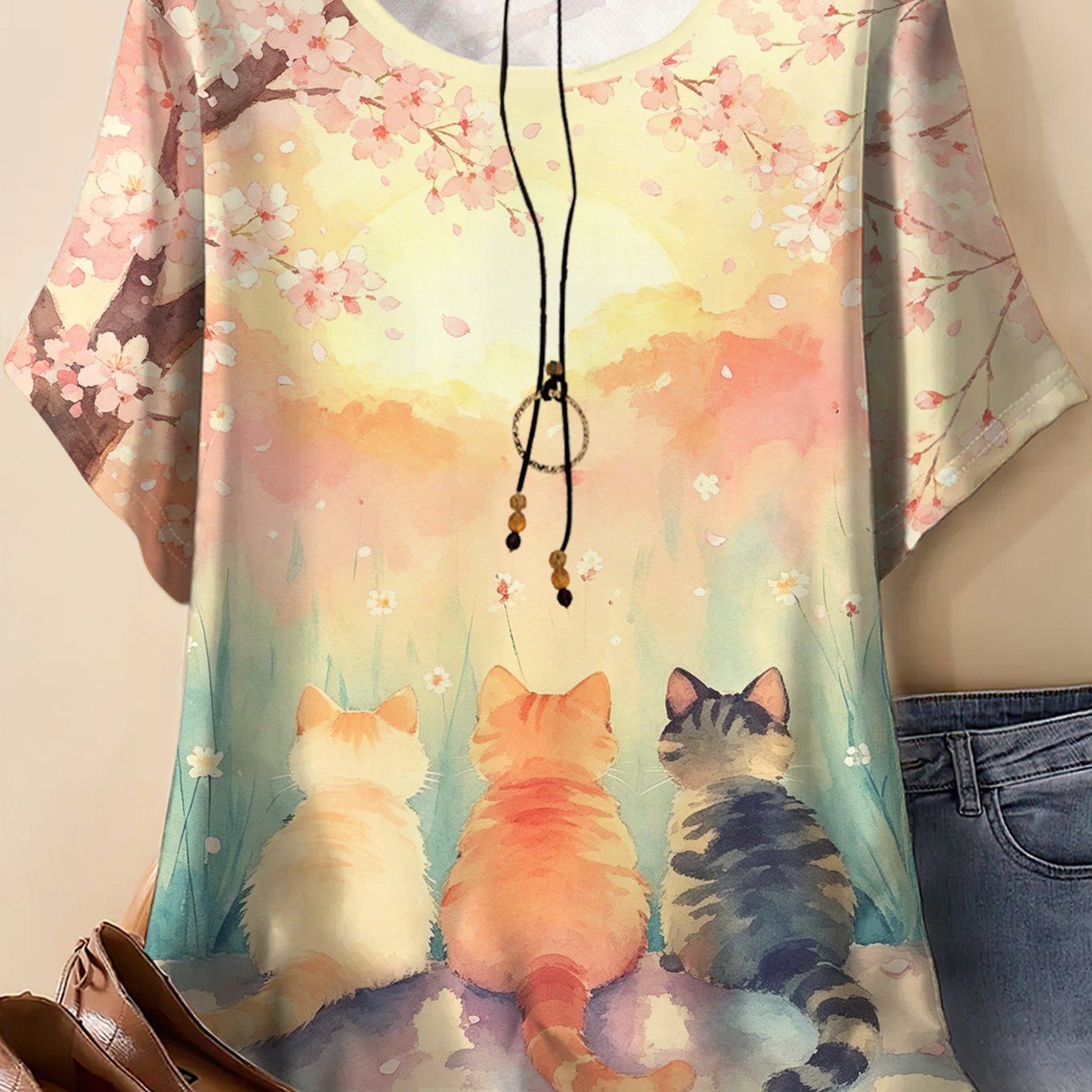 TEMU Plus Size - Plus Size - Gentle Watercolor Cherry Cat Round Neck Short Sleeve T-shirt, , Loose Casual Curved Hem, Summer Comfortable Breathable