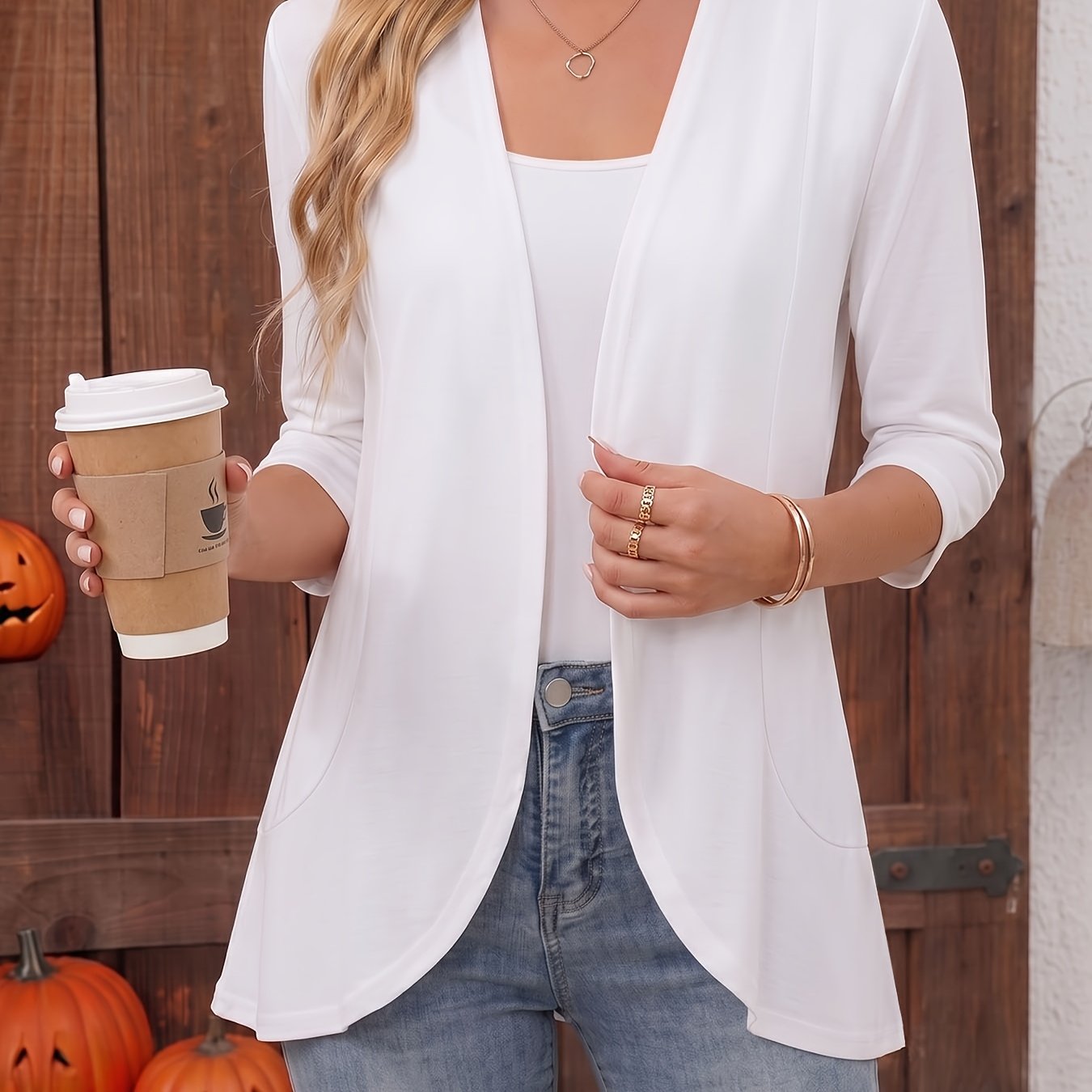 TEMU Damen Mid-Sleeve Mode Freizeit Top mit offenen Ärmeln, einfarbig, vielseitiges -Top für Jeans